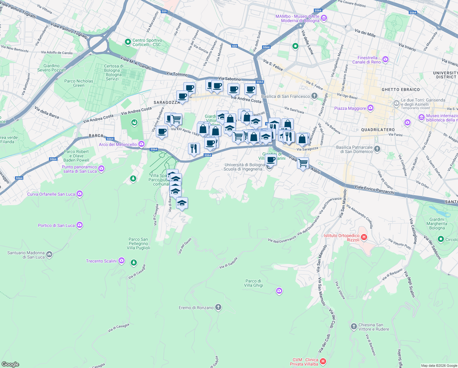 map of restaurants, bars, coffee shops, grocery stores, and more near 9 Via Valle di Preda in Bologna