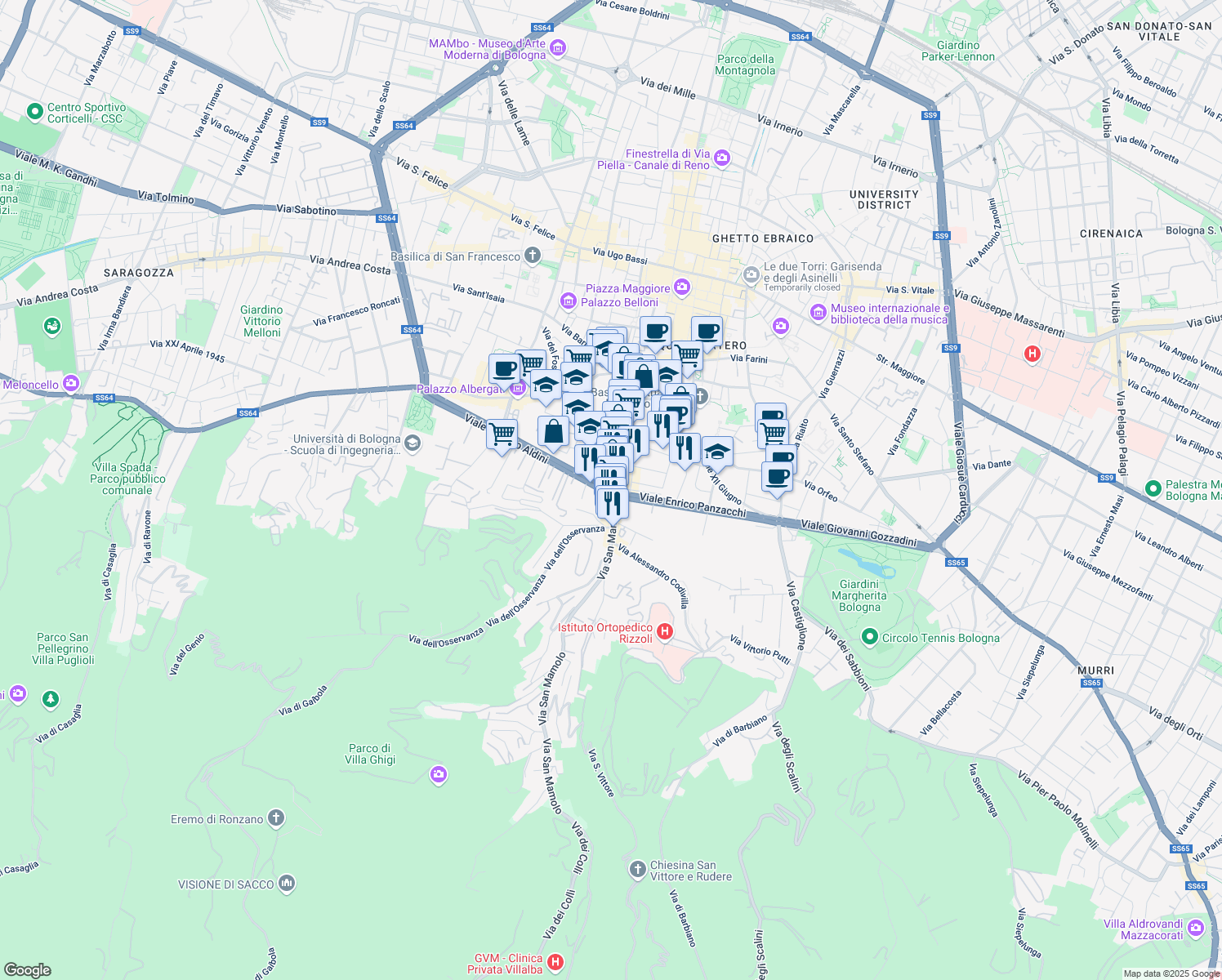 map of restaurants, bars, coffee shops, grocery stores, and more near 19 Via Paglietta in Bologna
