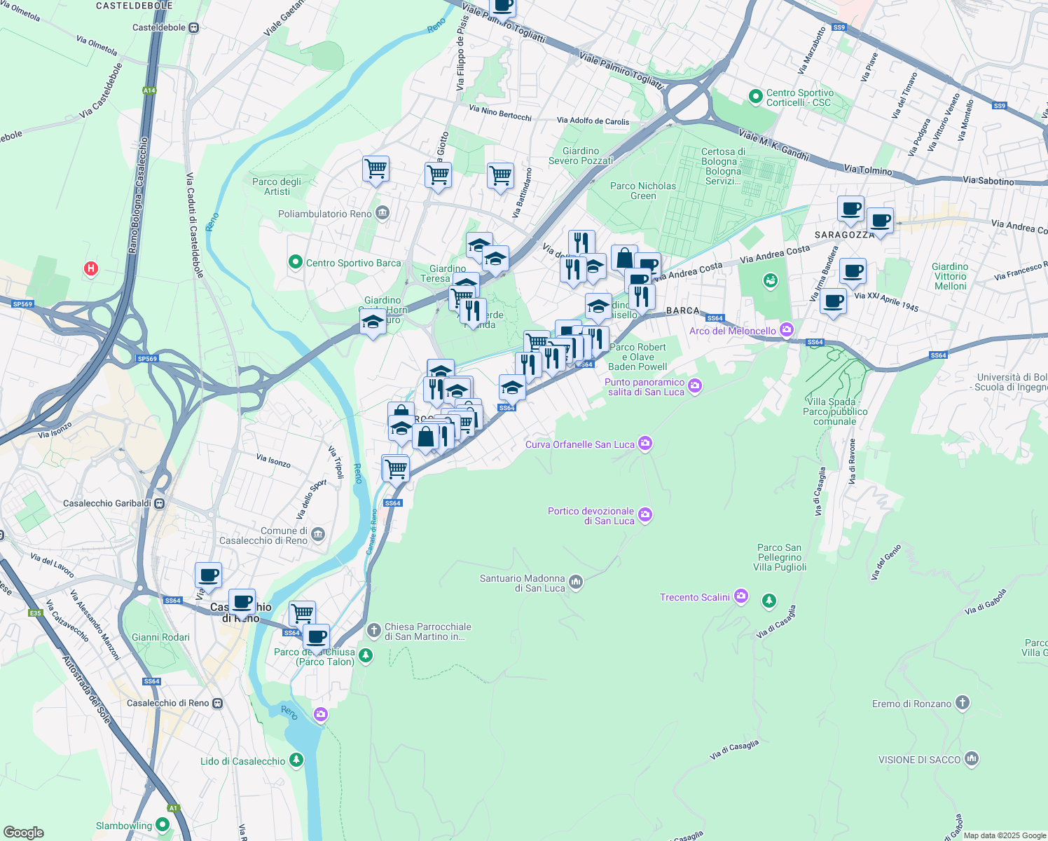 map of restaurants, bars, coffee shops, grocery stores, and more near 6 Via Anna Frank in Casalecchio di Reno