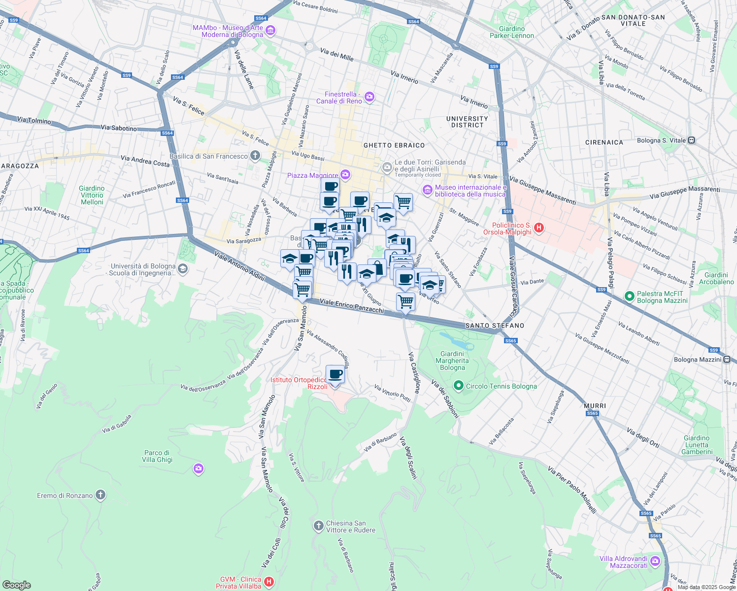 map of restaurants, bars, coffee shops, grocery stores, and more near 48 Via Solferino in Bologna