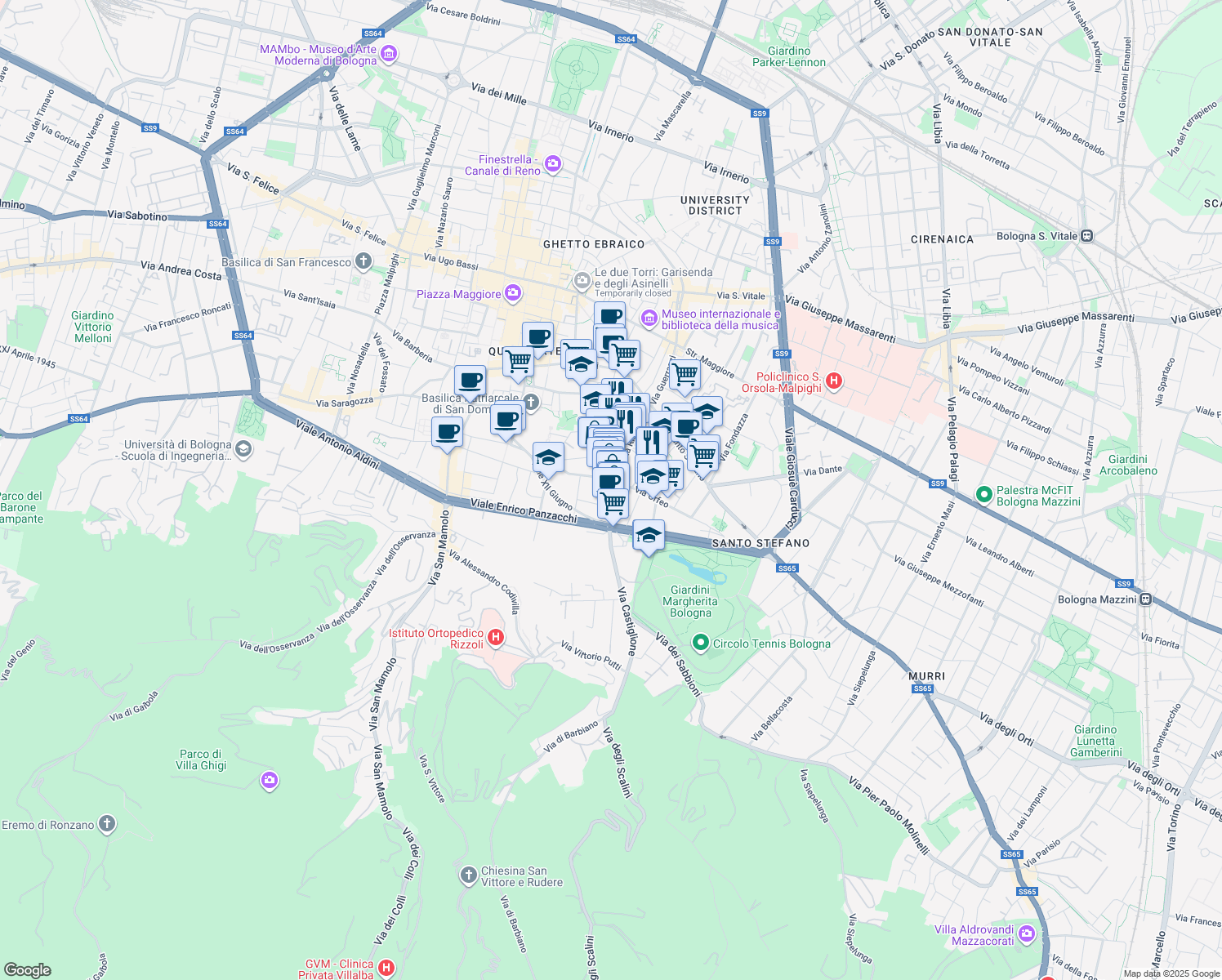 map of restaurants, bars, coffee shops, grocery stores, and more near 51 Via Castiglione in Bologna