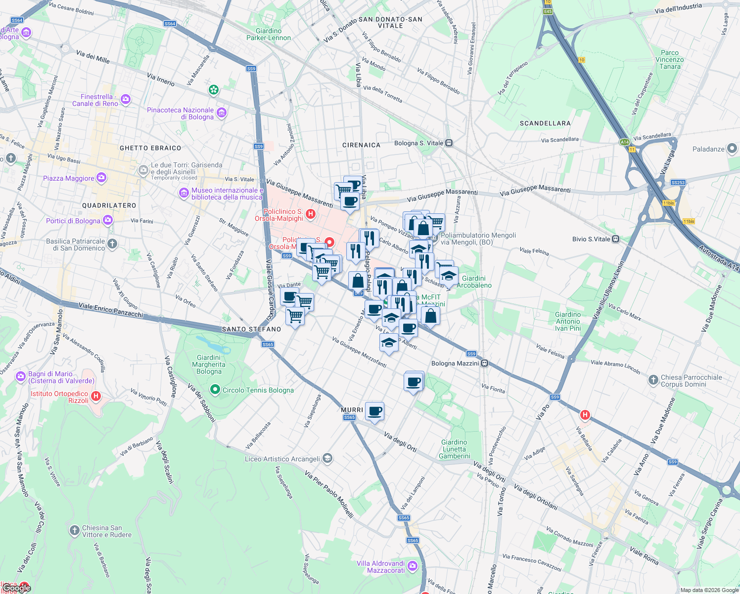 map of restaurants, bars, coffee shops, grocery stores, and more near 138 Via Mazzini in Bologna