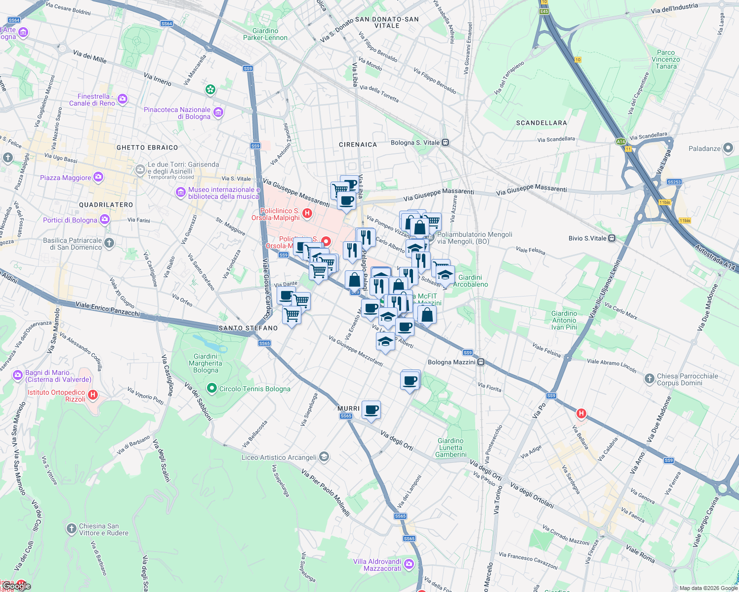 map of restaurants, bars, coffee shops, grocery stores, and more near 138 Via Mazzini in Bologna