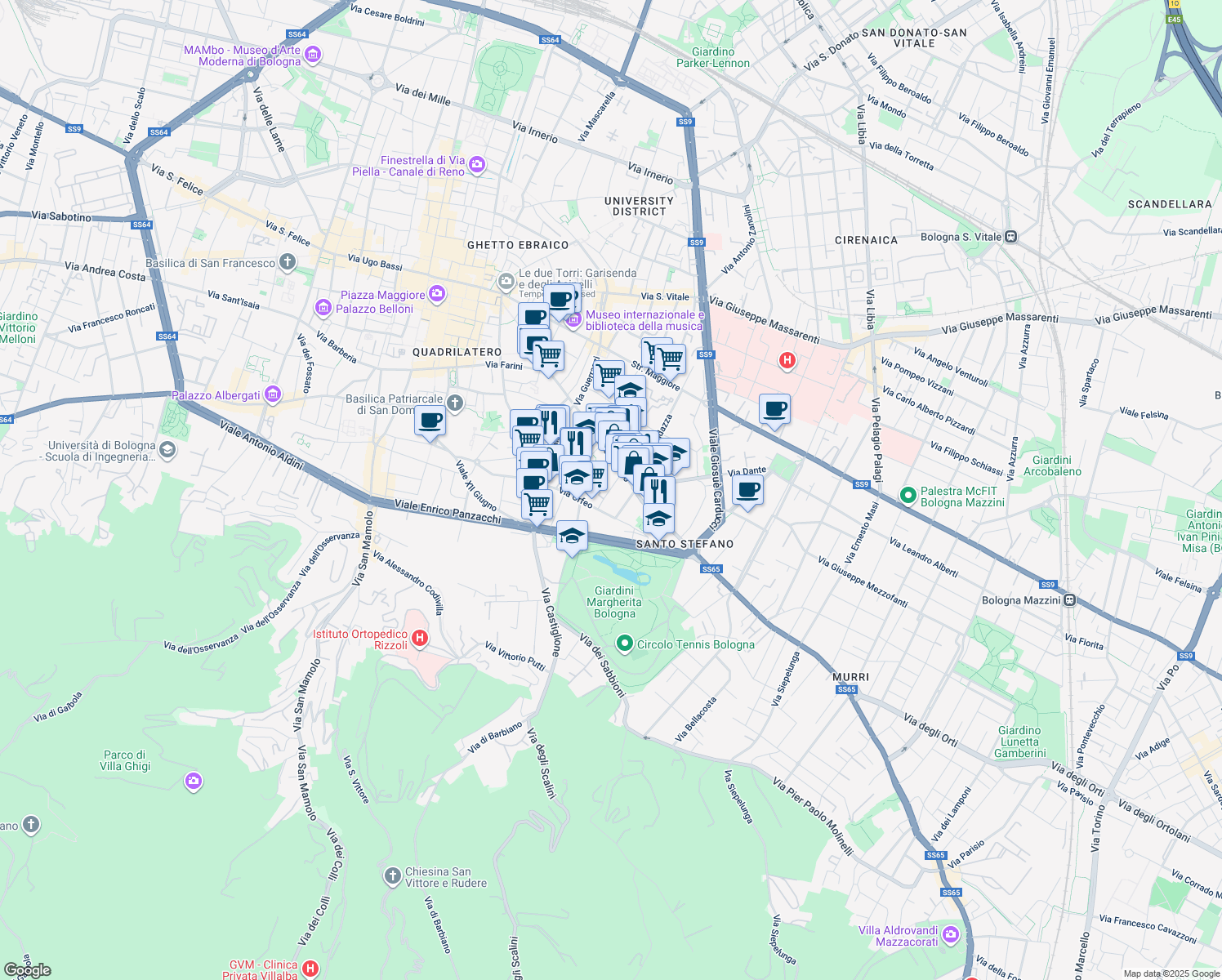 map of restaurants, bars, coffee shops, grocery stores, and more near 6 Via Dè Buttieri in Bologna