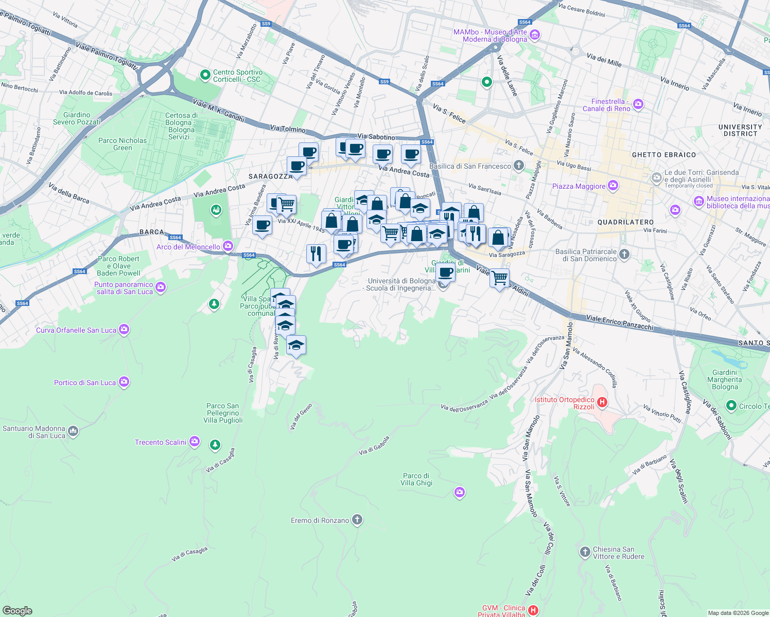 map of restaurants, bars, coffee shops, grocery stores, and more near 1-9 Via Valle di Preda in Bologna
