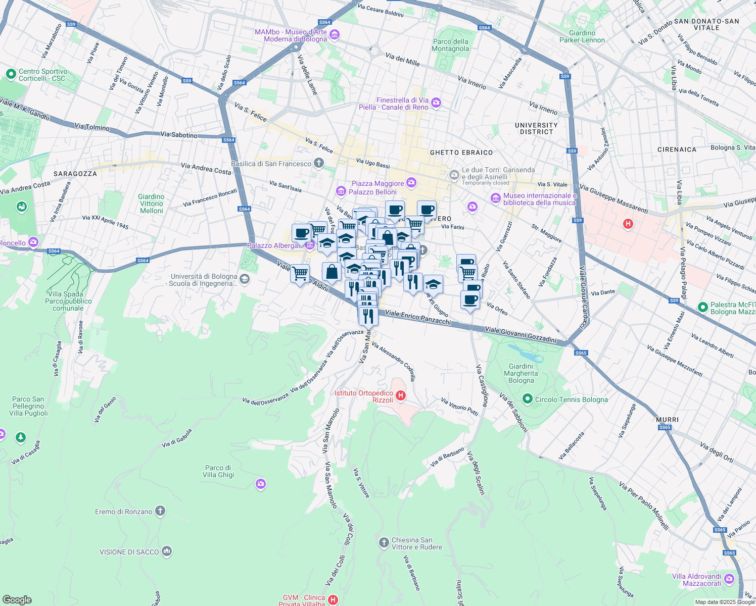 map of restaurants, bars, coffee shops, grocery stores, and more near 19 Via Paglietta in Bologna