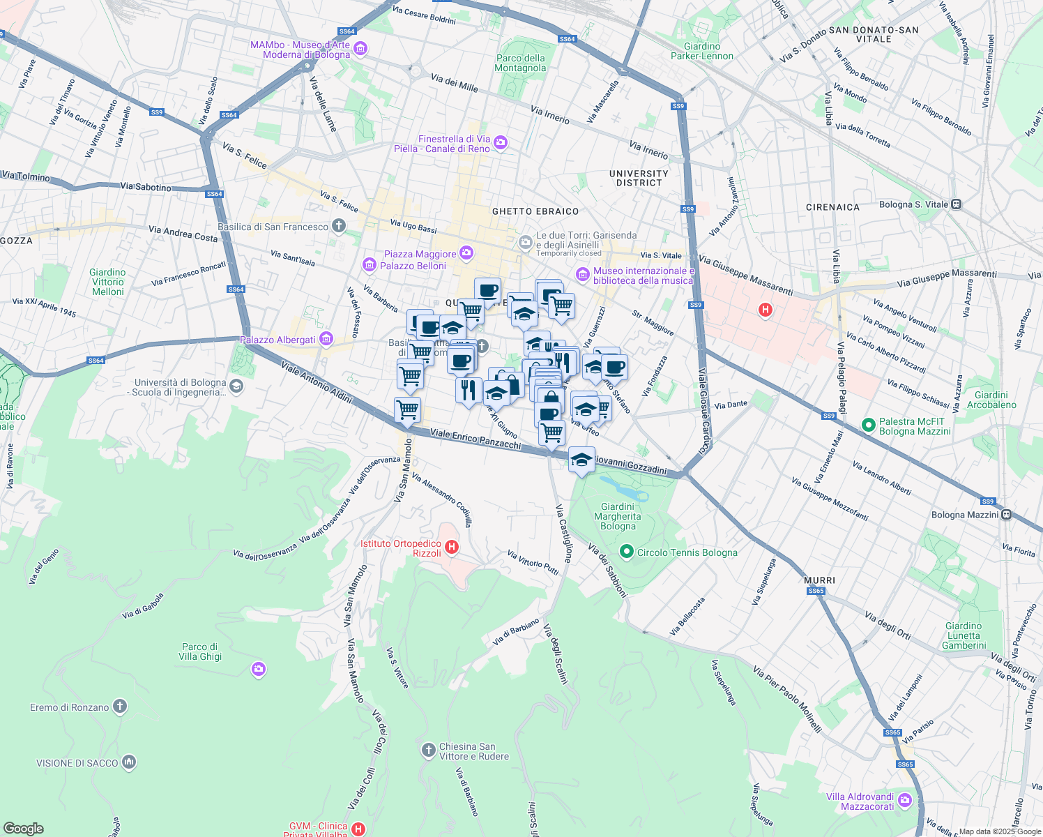 map of restaurants, bars, coffee shops, grocery stores, and more near 3 Via Chiudare in Bologna