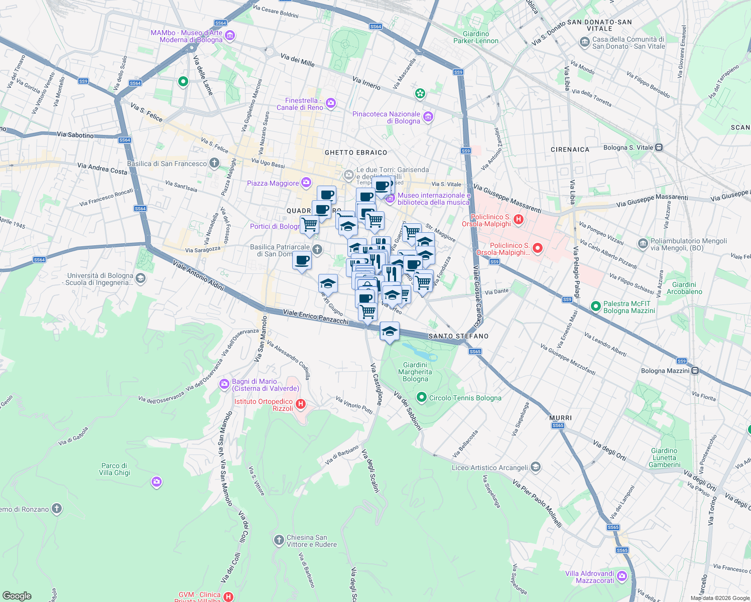 map of restaurants, bars, coffee shops, grocery stores, and more near 12 Via Orfeo in Bologna