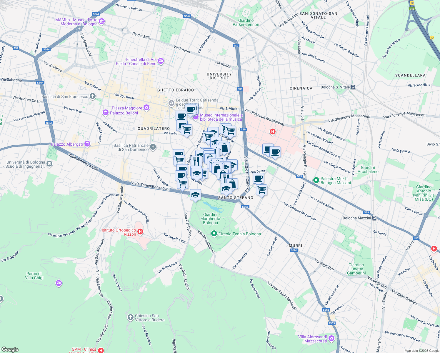 map of restaurants, bars, coffee shops, grocery stores, and more near 1-9 Via Dante Alighieri in Bologna