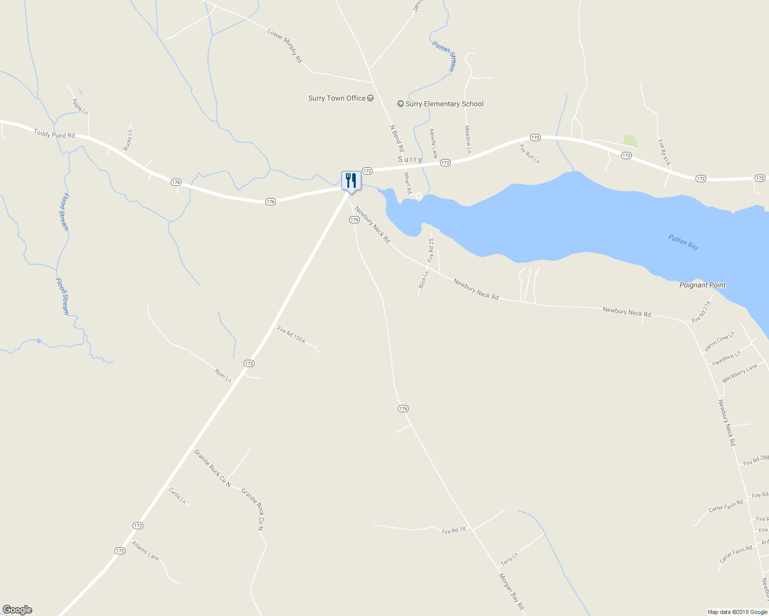 map of restaurants, bars, coffee shops, grocery stores, and more near 102 Morgan Bay Road in Surry