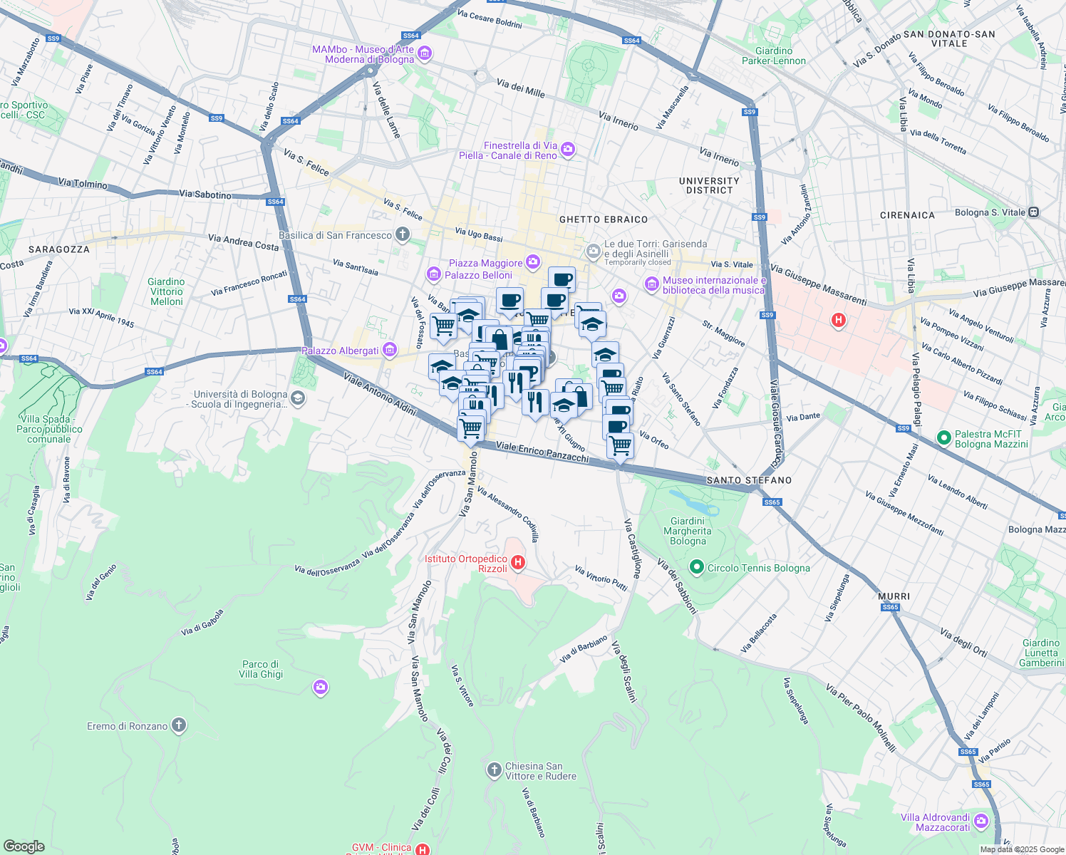 map of restaurants, bars, coffee shops, grocery stores, and more near 11 Via Savenella in Bologna