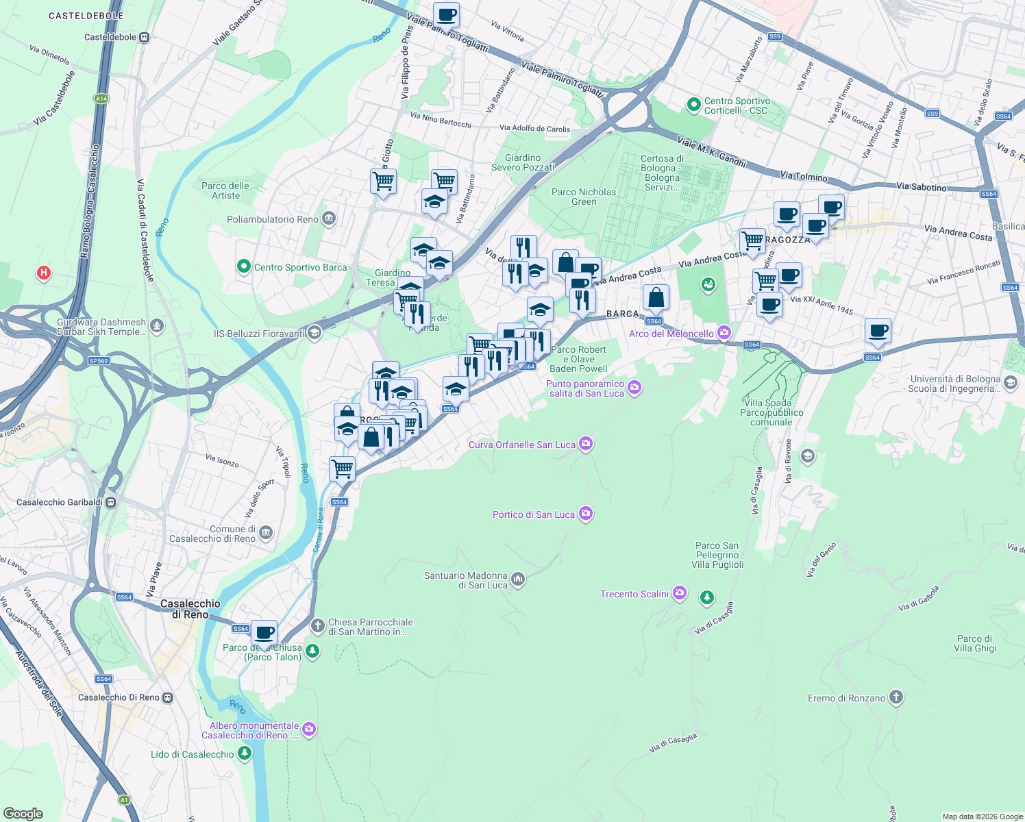 map of restaurants, bars, coffee shops, grocery stores, and more near 11 Via Girolamo Borselli in Bologna
