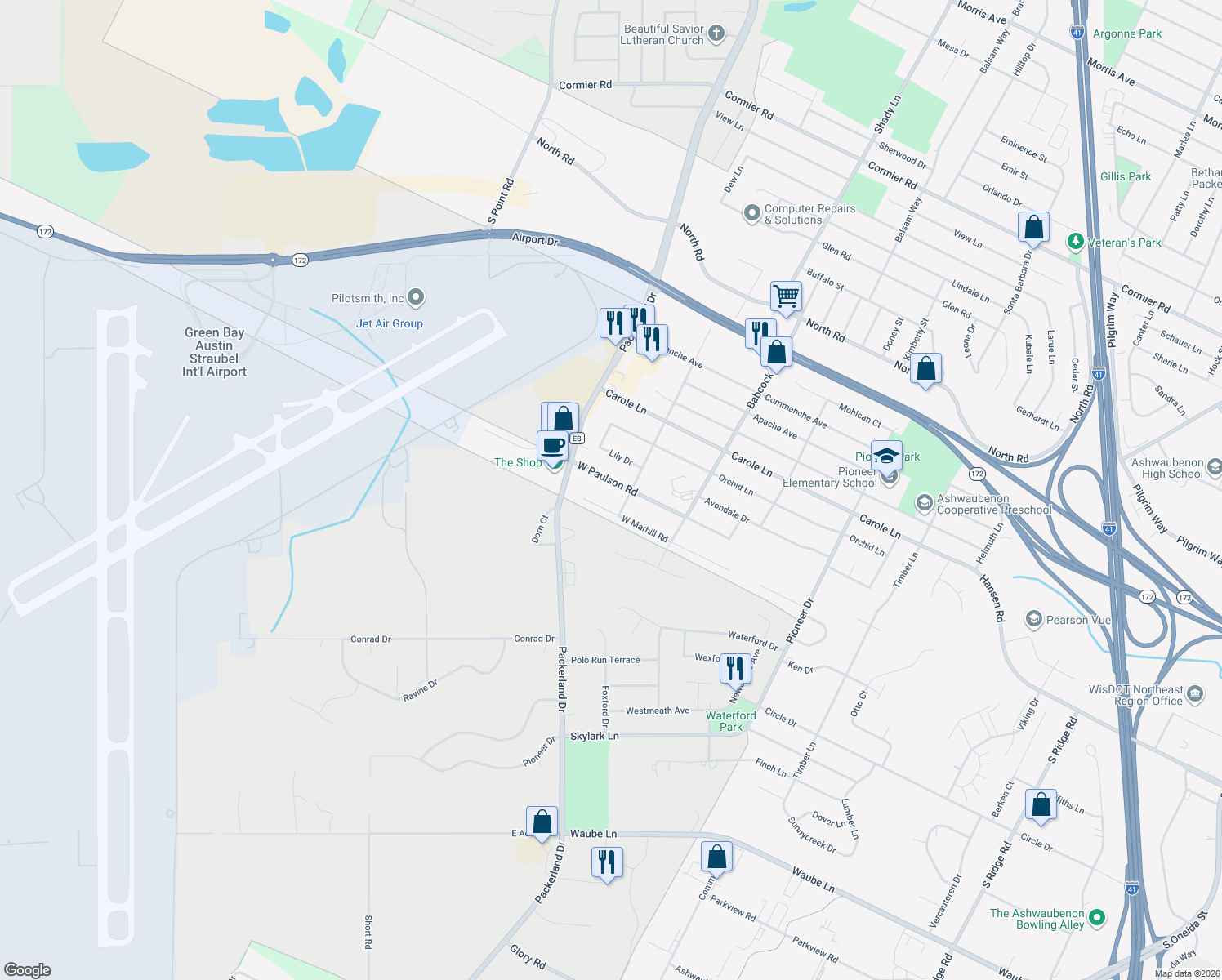 map of restaurants, bars, coffee shops, grocery stores, and more near 1635 West Paulson Road in Green Bay