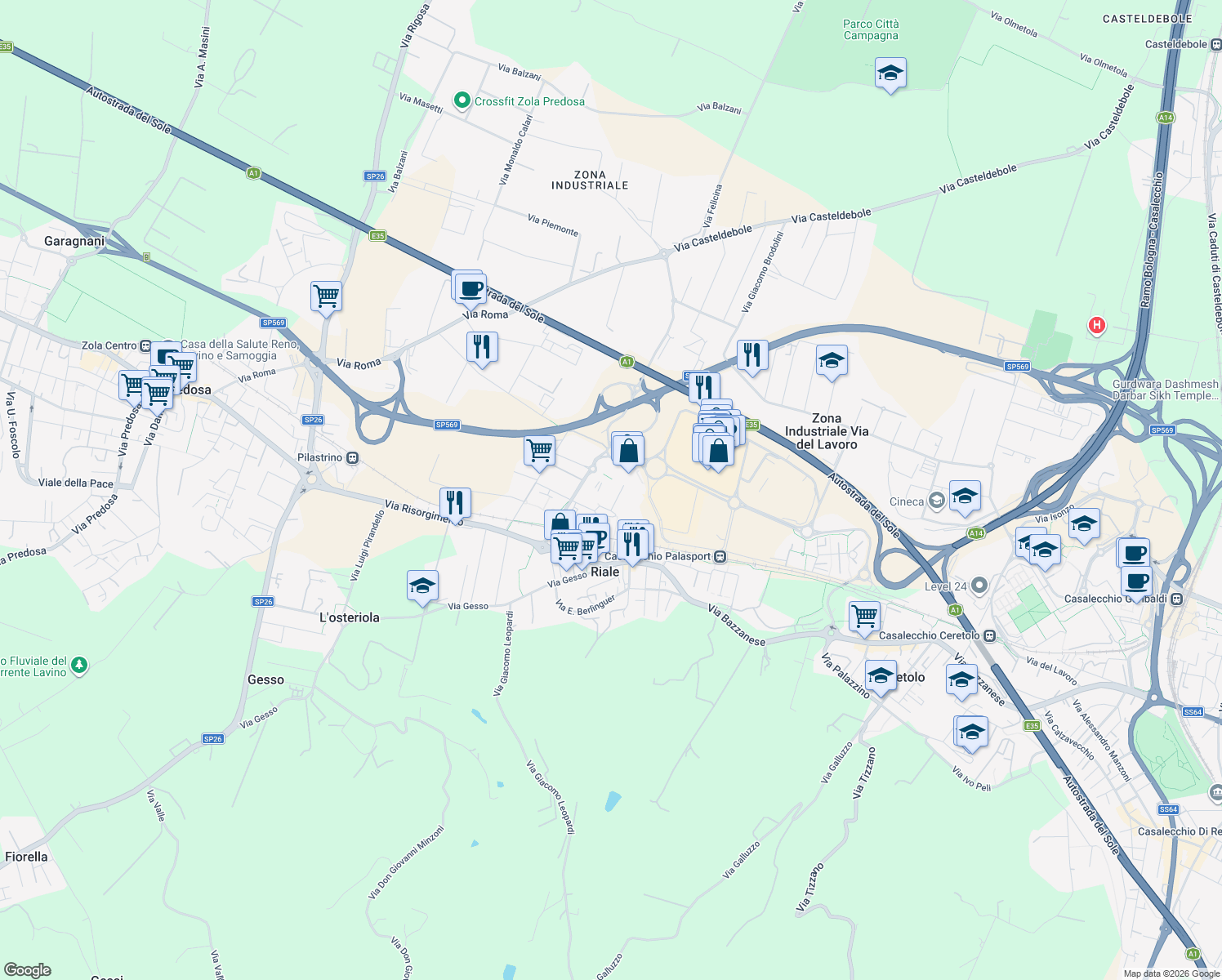 map of restaurants, bars, coffee shops, grocery stores, and more near 3 Vicolo degli Artigiani in Città Metropolitana di Bologna