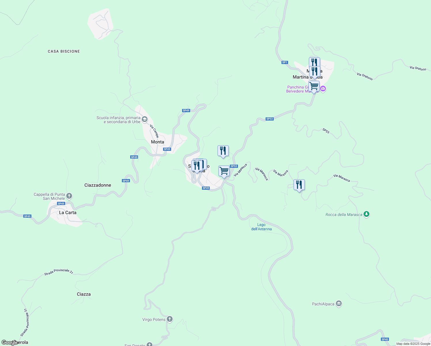 map of restaurants, bars, coffee shops, grocery stores, and more near in San Pietro d'Olba