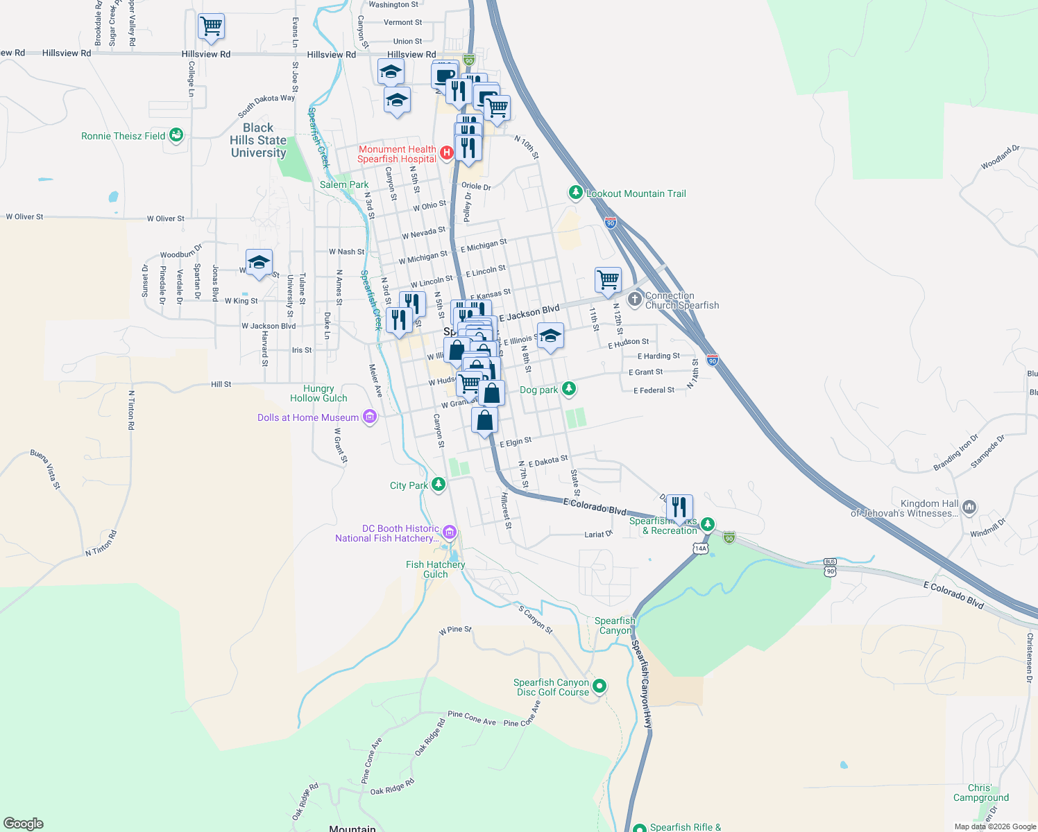 map of restaurants, bars, coffee shops, grocery stores, and more near 299 E Federal St in Spearfish