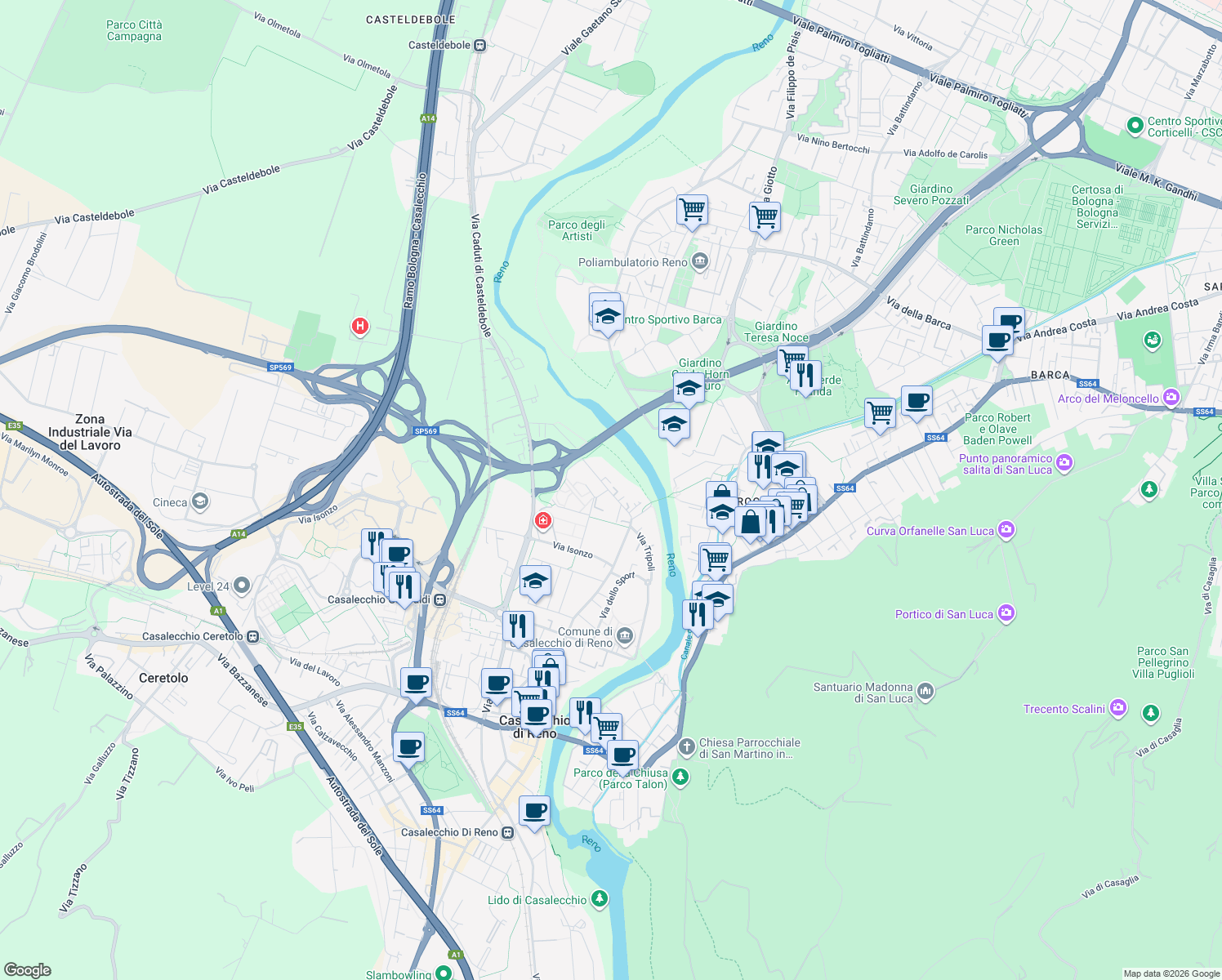 map of restaurants, bars, coffee shops, grocery stores, and more near 1701 Via G. Garibaldi in Casalecchio di Reno