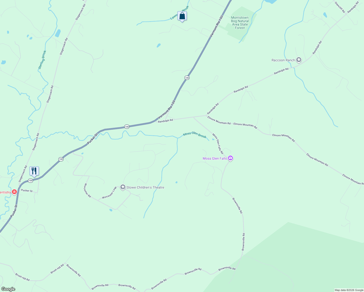 map of restaurants, bars, coffee shops, grocery stores, and more near 176 High Meadow Road in Stowe