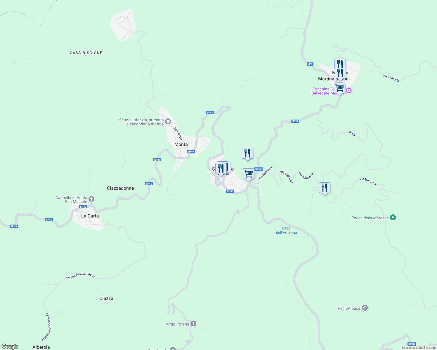map of restaurants, bars, coffee shops, grocery stores, and more near 34 SP49 in San Pietro D'olba