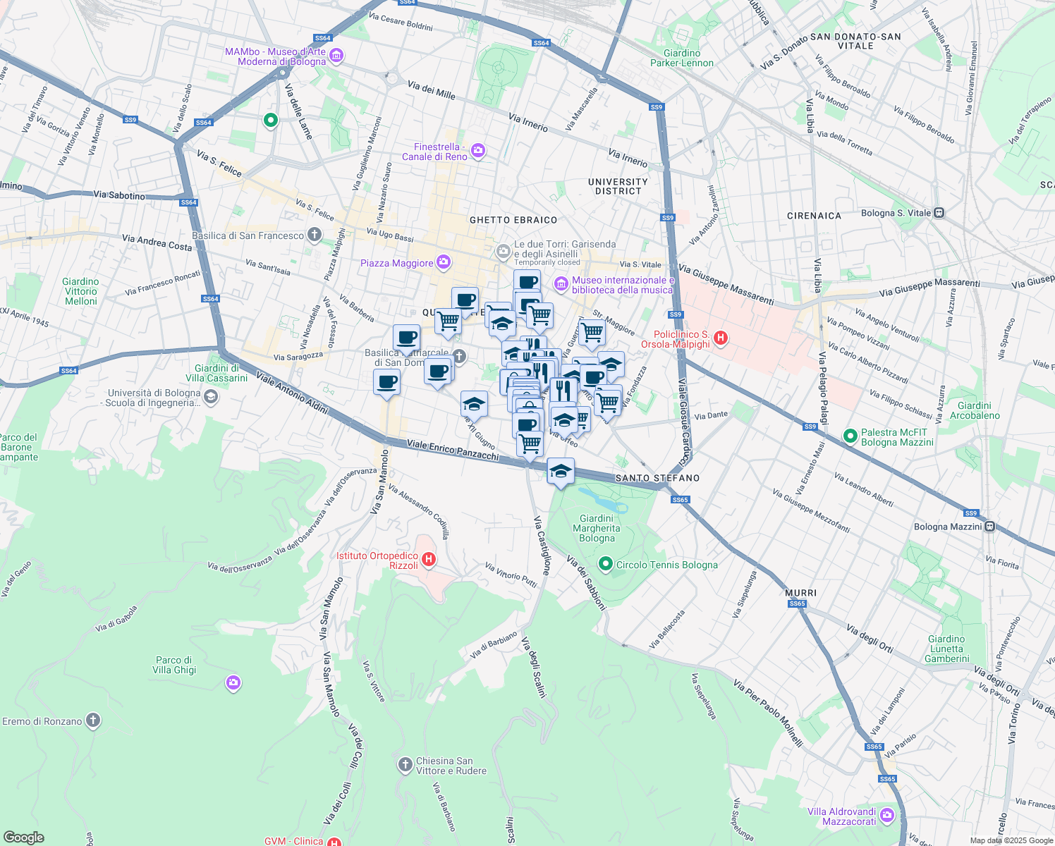 map of restaurants, bars, coffee shops, grocery stores, and more near 51 Via Castiglione in Bologna
