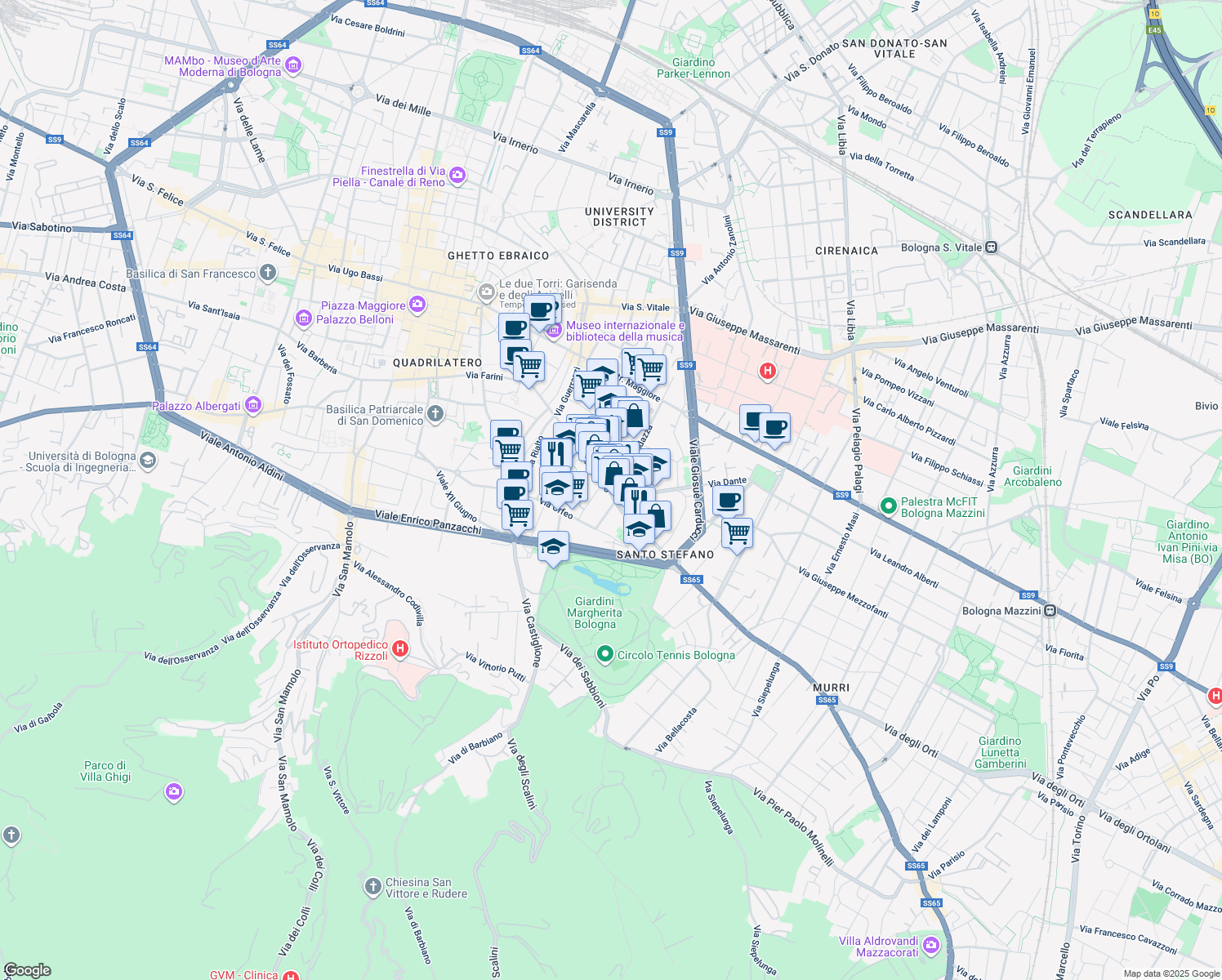 map of restaurants, bars, coffee shops, grocery stores, and more near 9 Via Dante Alighieri in Bologna