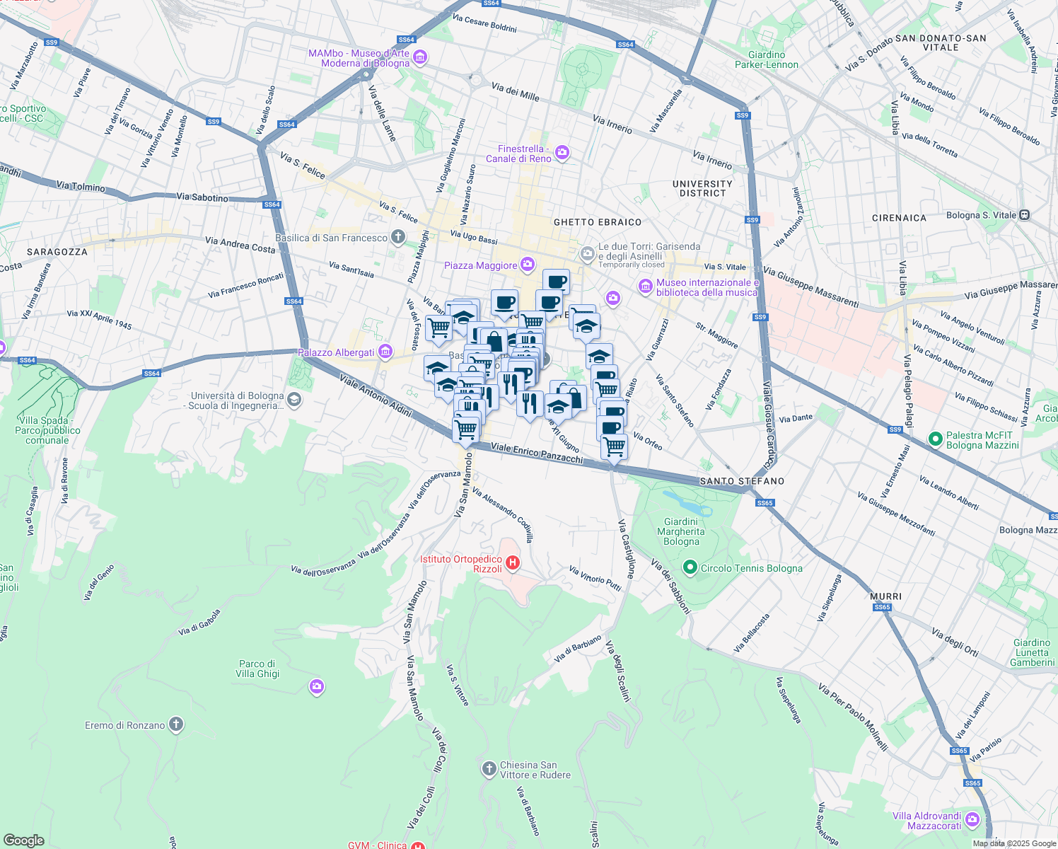 map of restaurants, bars, coffee shops, grocery stores, and more near 11 Via Savenella in Bologna