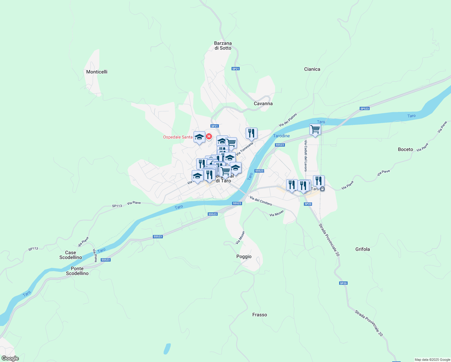 map of restaurants, bars, coffee shops, grocery stores, and more near 16 Via Taro in Borgo Val di Taro