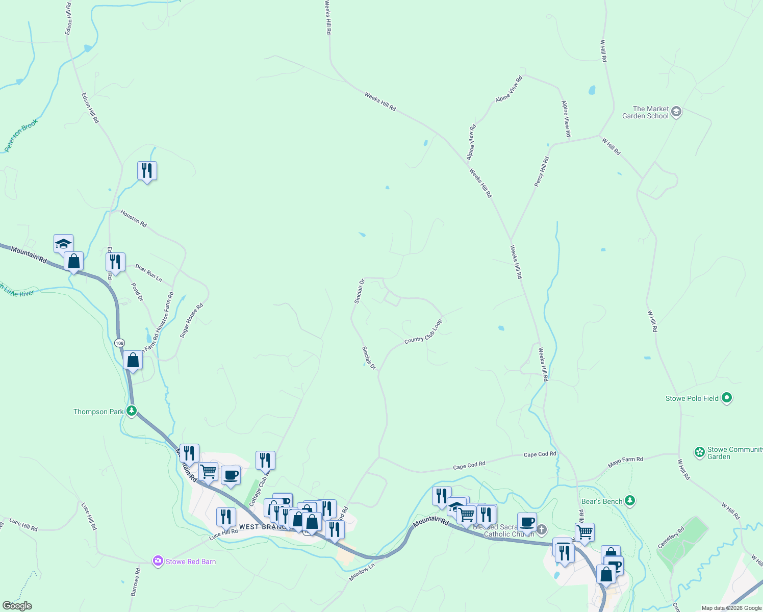 map of restaurants, bars, coffee shops, grocery stores, and more near 55 Country Club Loop in Stowe
