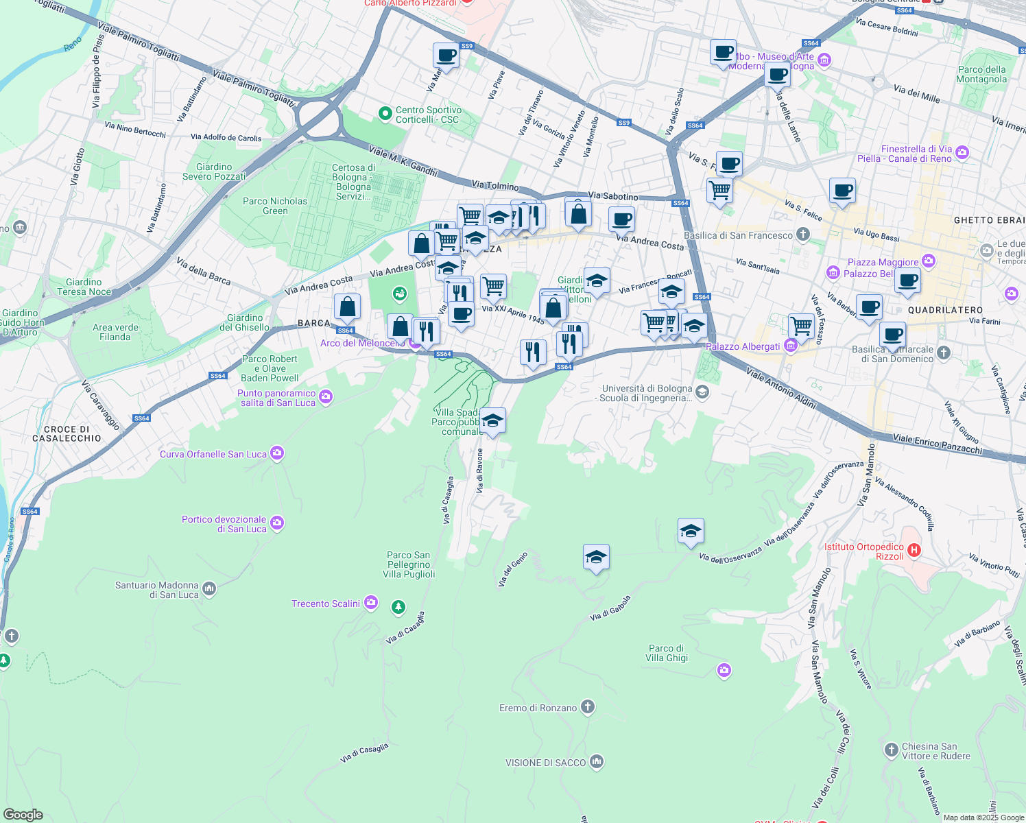 map of restaurants, bars, coffee shops, grocery stores, and more near 5 Via Felice Battaglia in Bologna