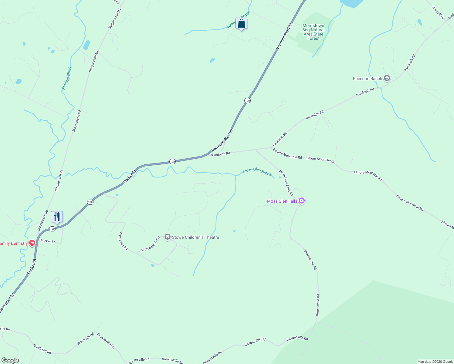 map of restaurants, bars, coffee shops, grocery stores, and more near 176 High Meadow Rd in Stowe