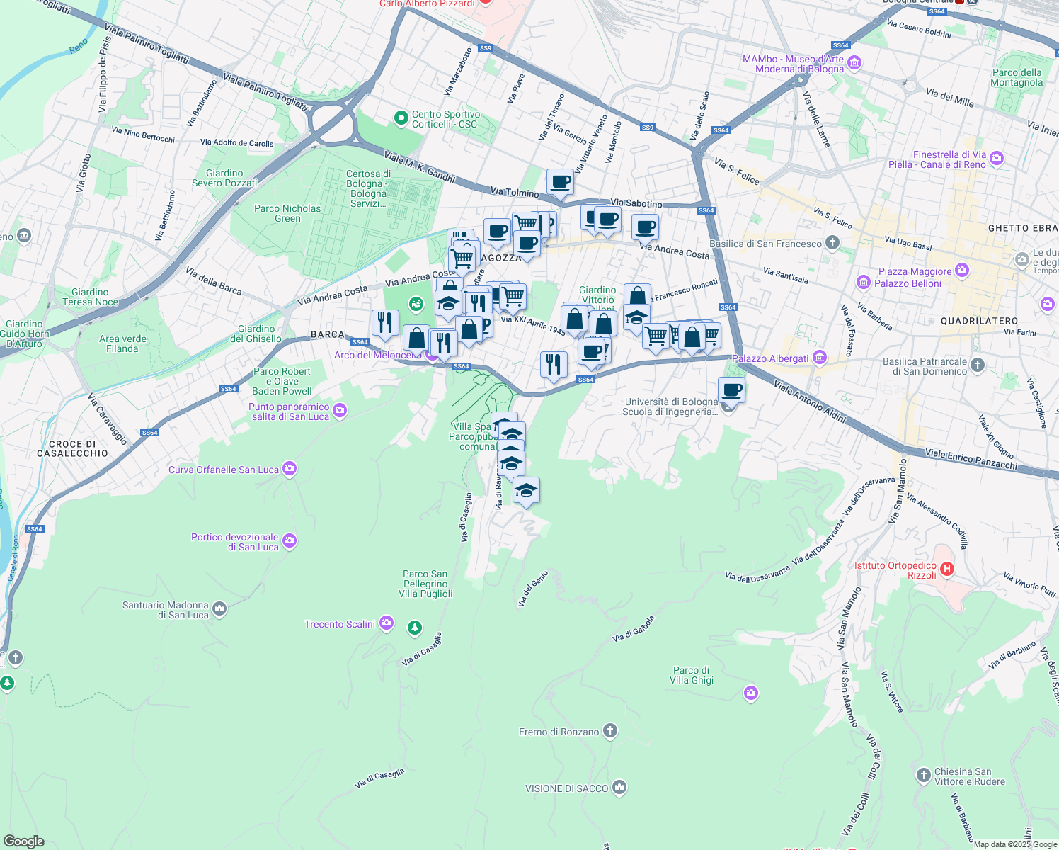 map of restaurants, bars, coffee shops, grocery stores, and more near 5 Via Felice Battaglia in Bologna