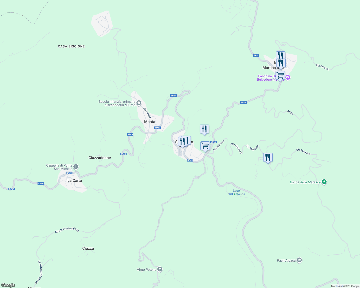 map of restaurants, bars, coffee shops, grocery stores, and more near 34 SP49 in San Pietro D'olba