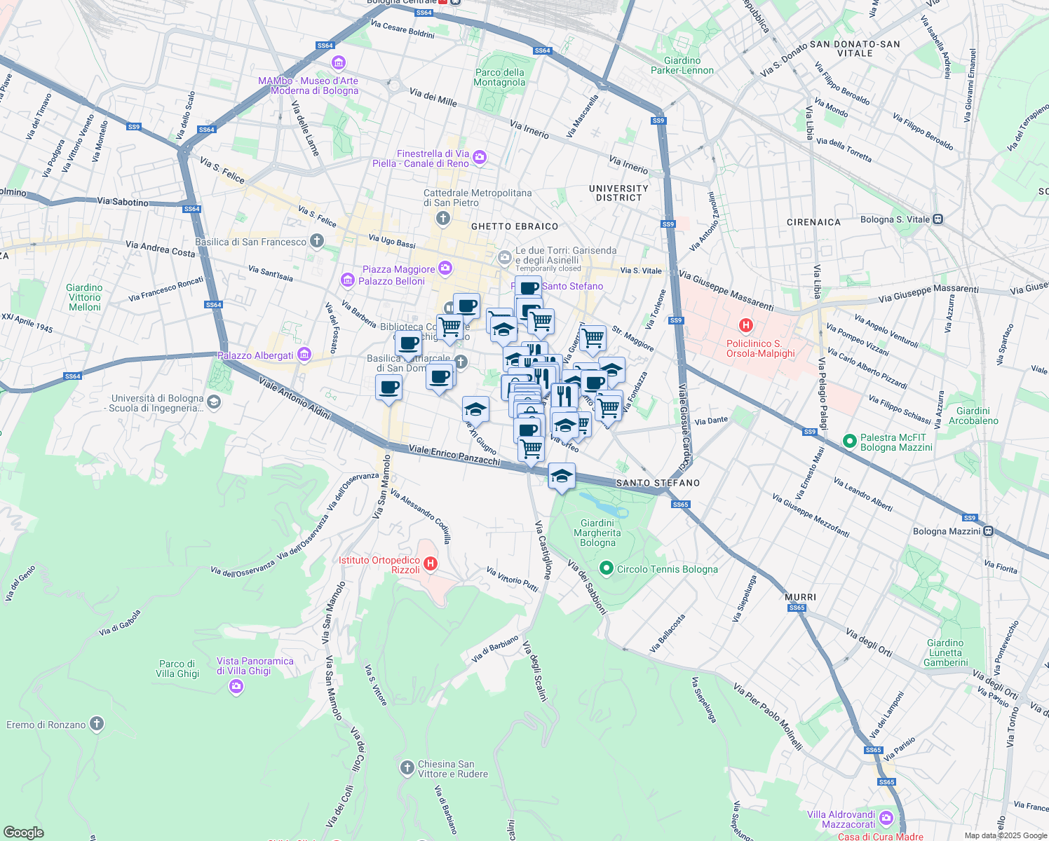 map of restaurants, bars, coffee shops, grocery stores, and more near 51 Via Castiglione in Bologna