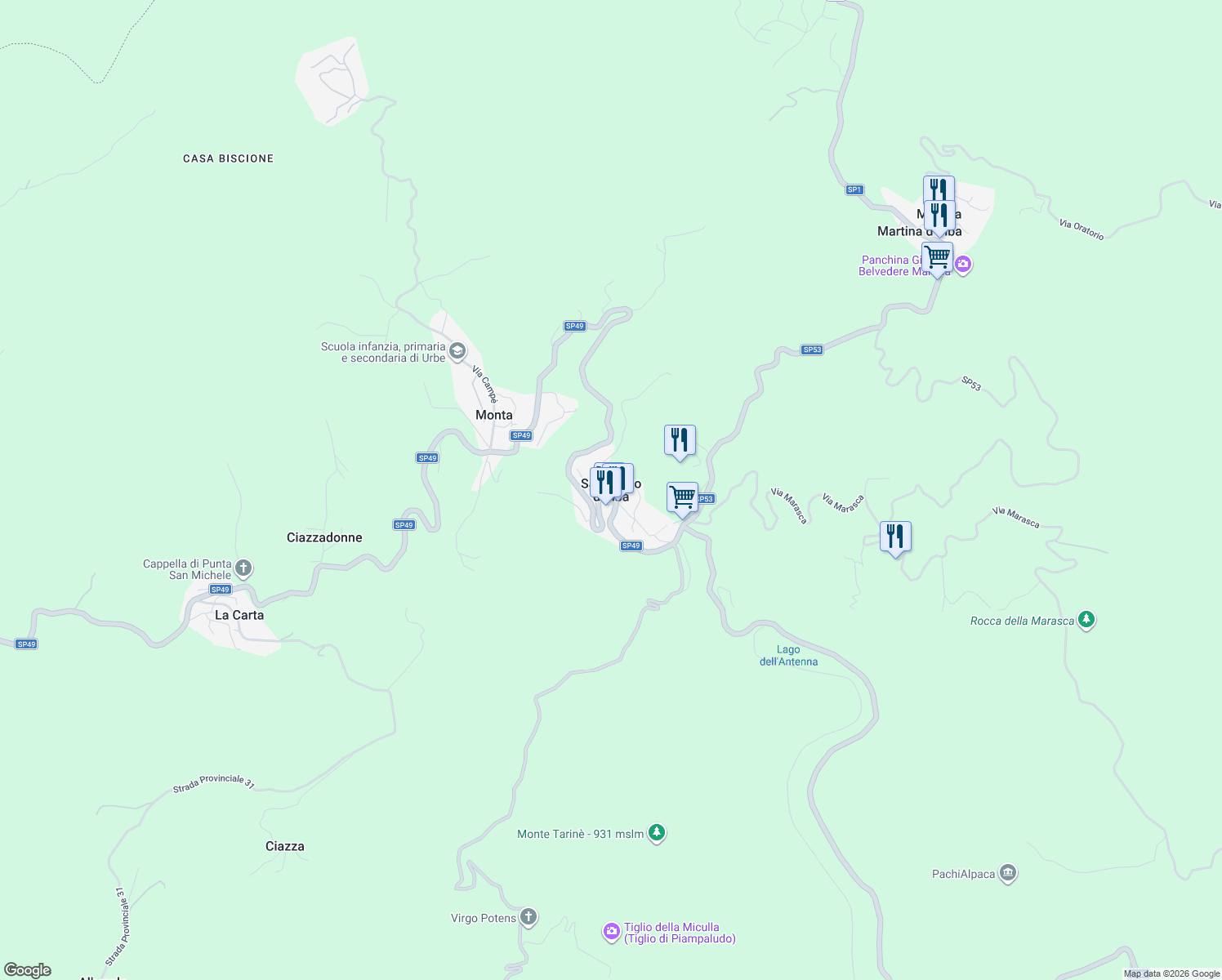 map of restaurants, bars, coffee shops, grocery stores, and more near 1 Piazza San Pietro in San Pietro D'olba