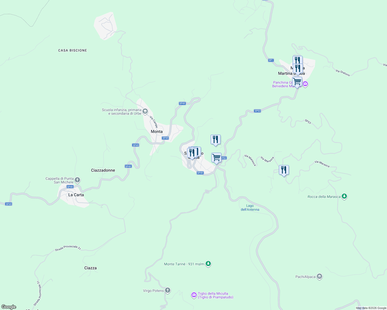 map of restaurants, bars, coffee shops, grocery stores, and more near 1 Piazza San Pietro in San Pietro D'olba