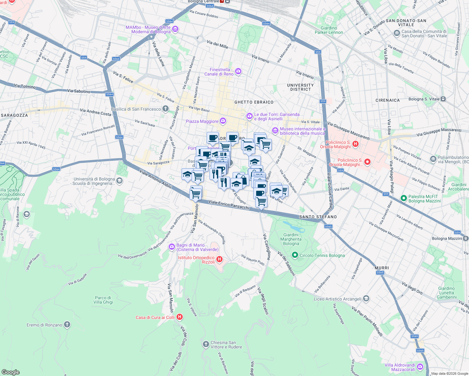map of restaurants, bars, coffee shops, grocery stores, and more near 48 Via Solferino in Bologna