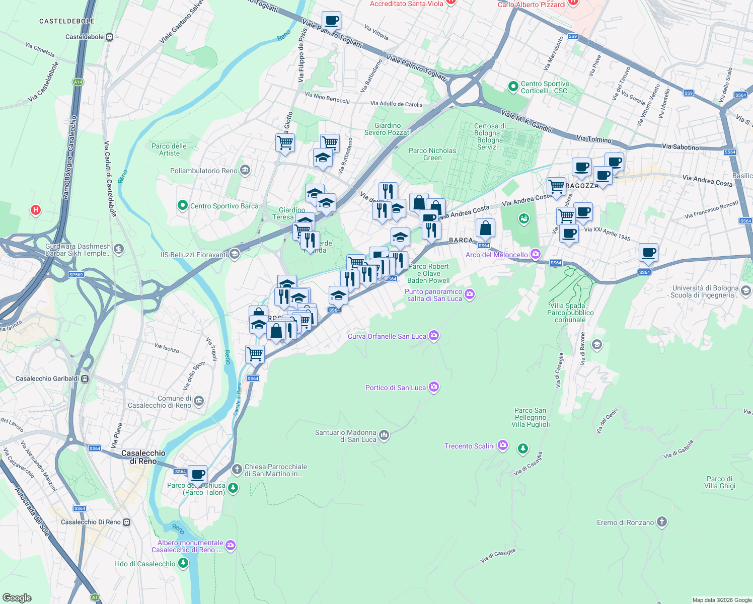 map of restaurants, bars, coffee shops, grocery stores, and more near 11 Via Girolamo Borselli in Bologna