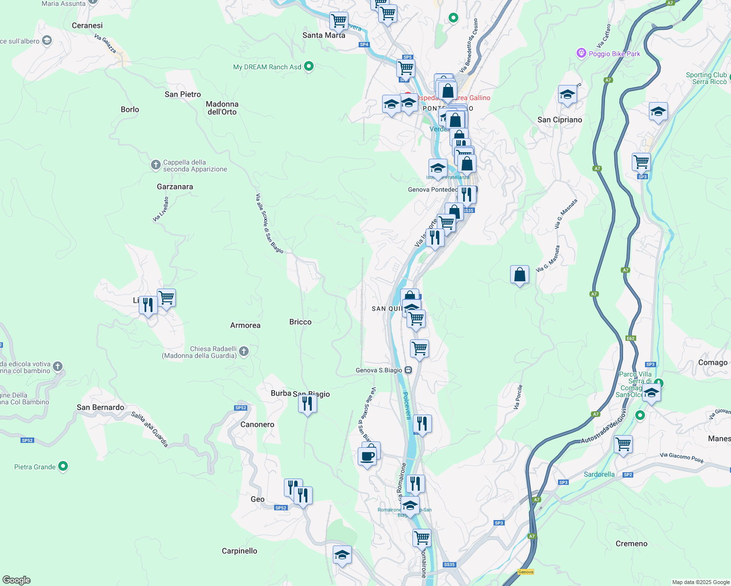 map of restaurants, bars, coffee shops, grocery stores, and more near 70 Via alla Stazione di San Quirico in Genova