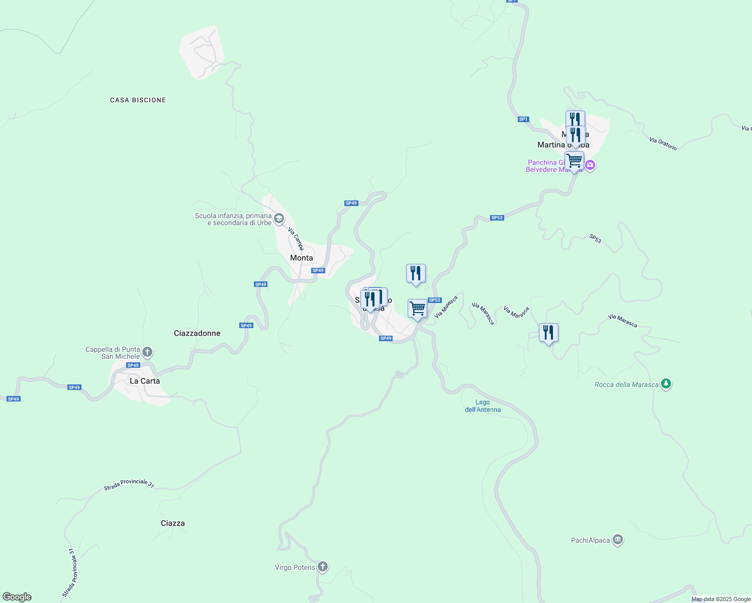 map of restaurants, bars, coffee shops, grocery stores, and more near 1 Piazza San Pietro in San Pietro D'olba
