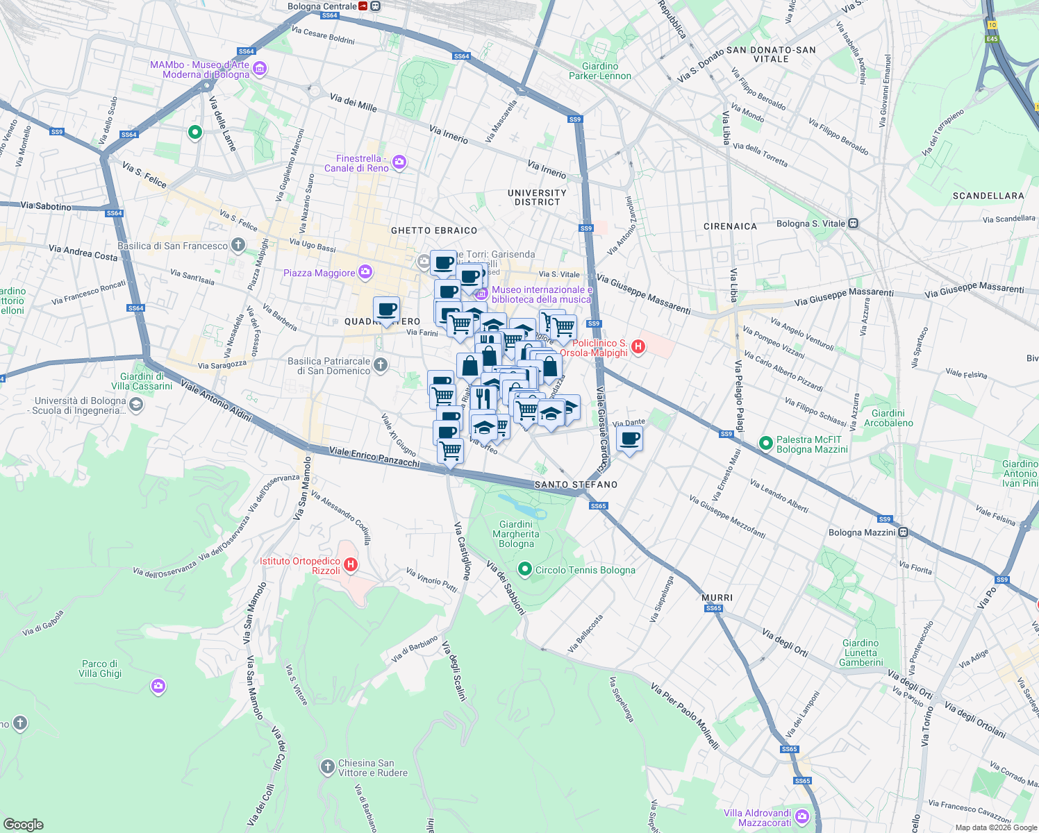 map of restaurants, bars, coffee shops, grocery stores, and more near in Bologna