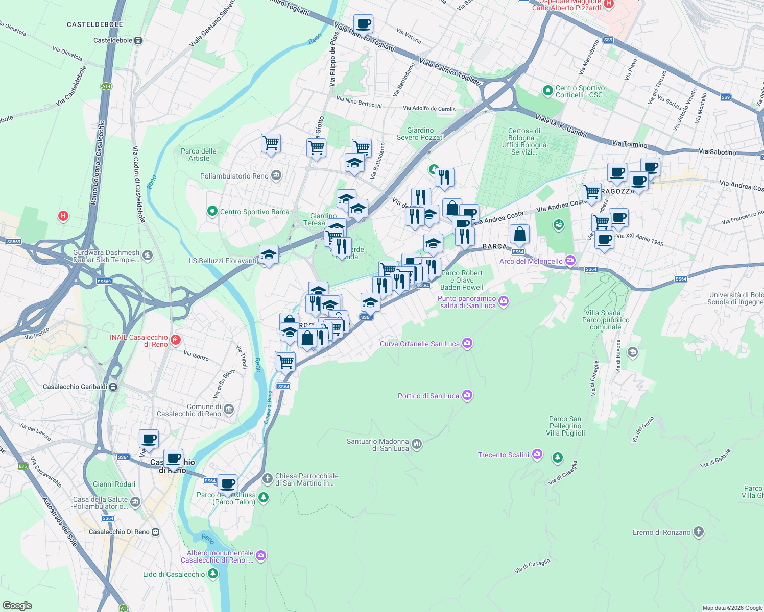 map of restaurants, bars, coffee shops, grocery stores, and more near 8 Via Don Luigi Sturzo in Bologna