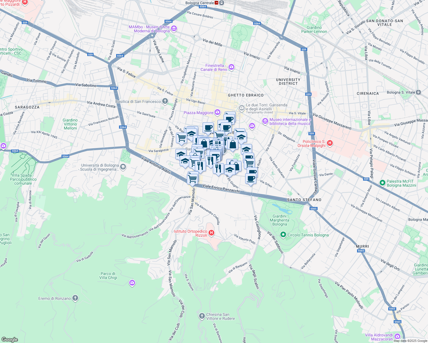 map of restaurants, bars, coffee shops, grocery stores, and more near in Bologna