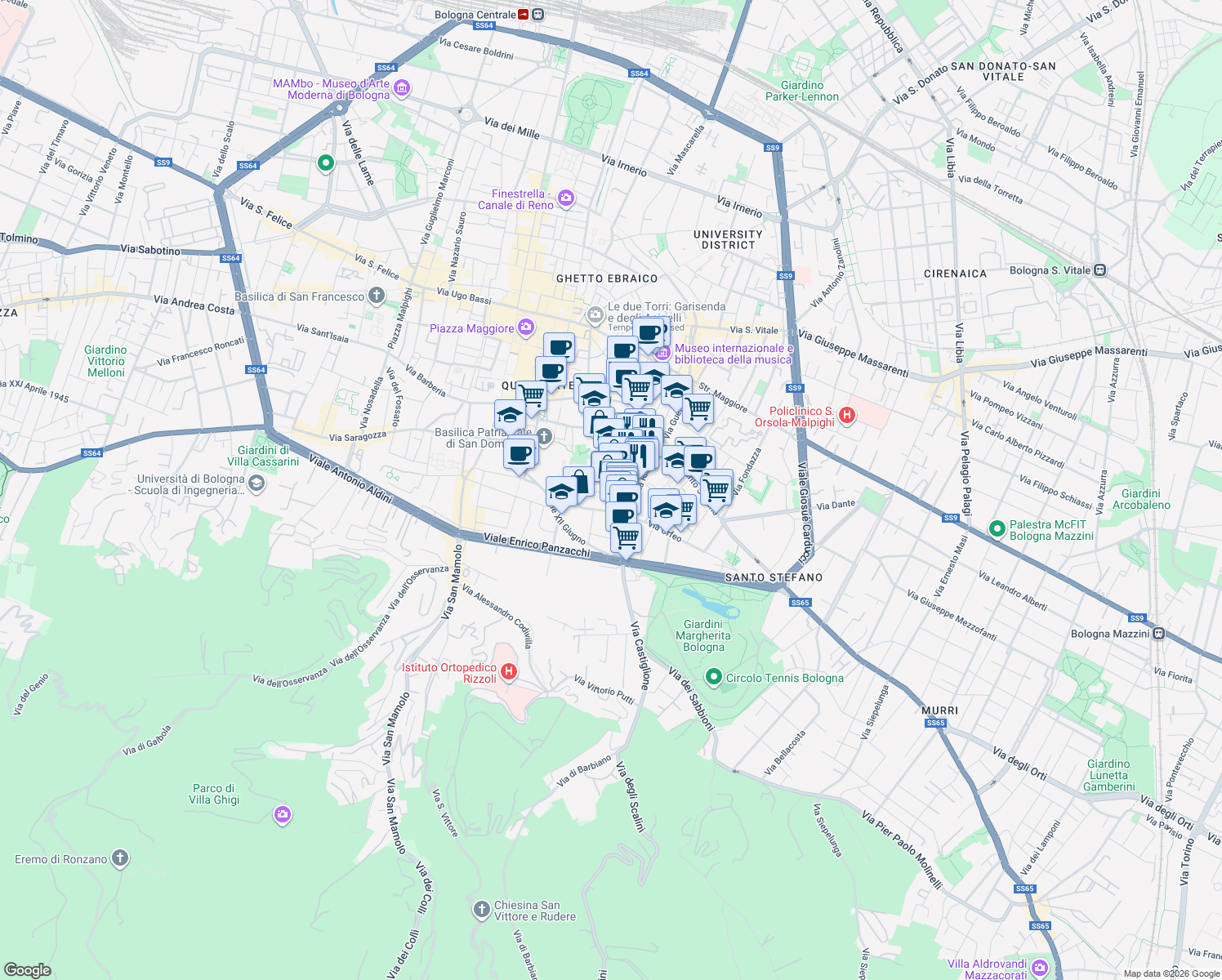 map of restaurants, bars, coffee shops, grocery stores, and more near 1-5 Vicolo Santa Lucia in Bologna