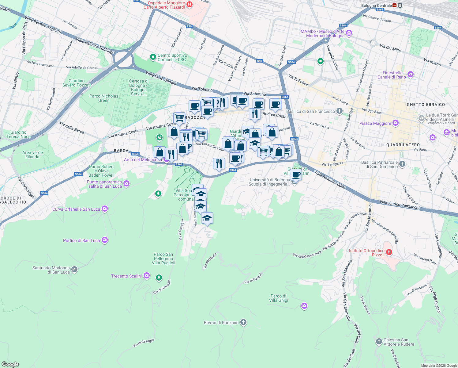 map of restaurants, bars, coffee shops, grocery stores, and more near 32 Via Francesco Orsoni in Bologna