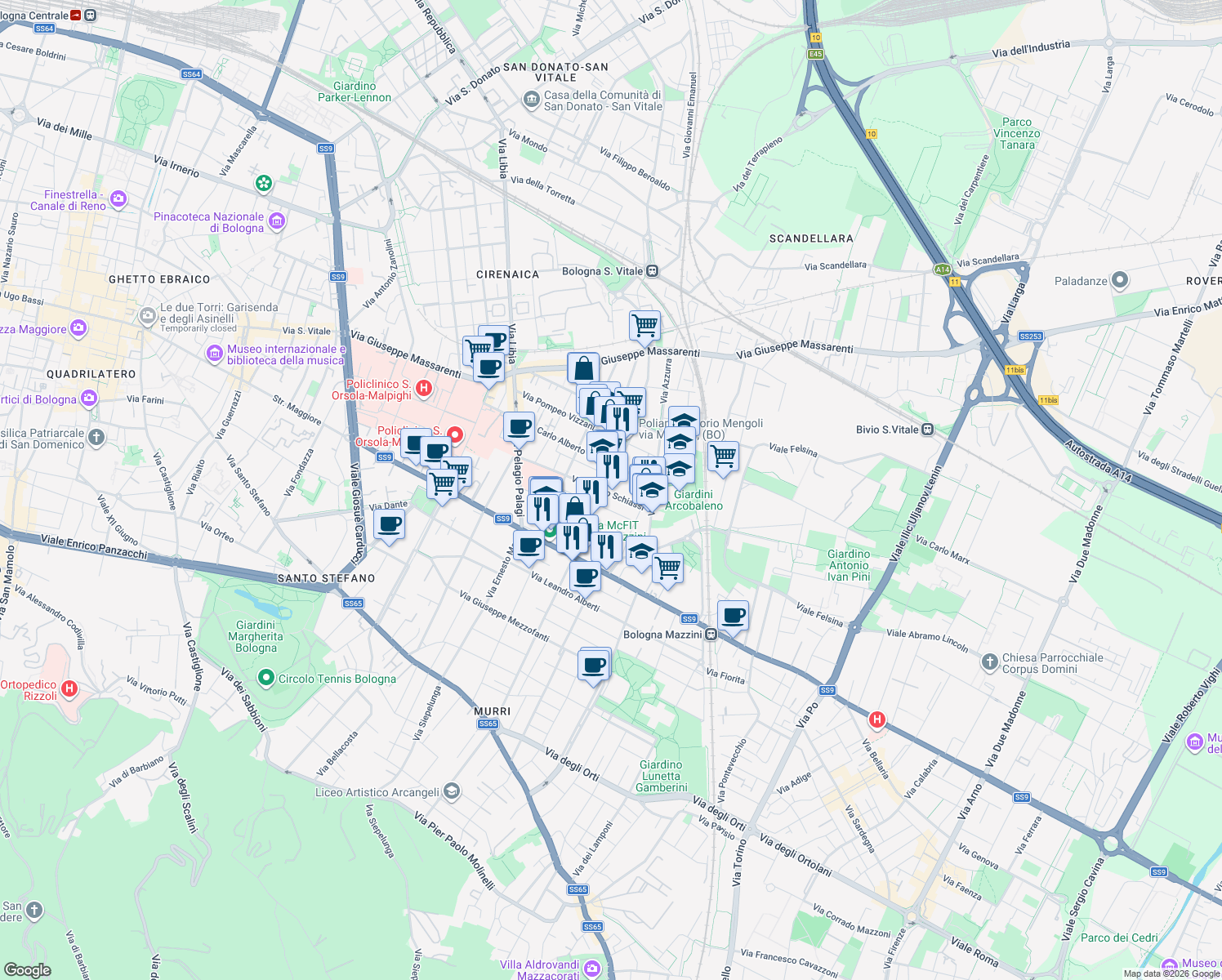 map of restaurants, bars, coffee shops, grocery stores, and more near 19 Via Pietro Mengoli in Bologna