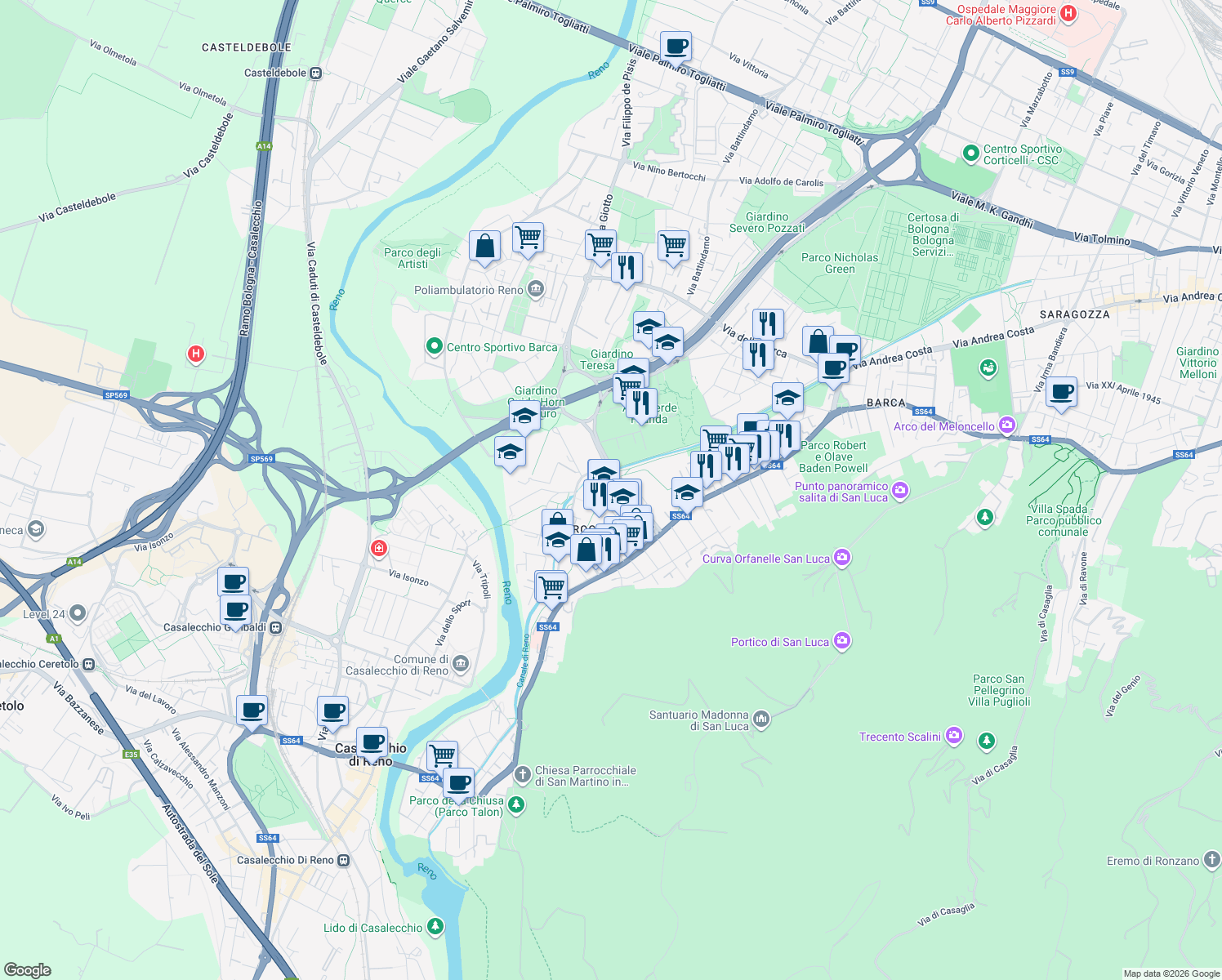 map of restaurants, bars, coffee shops, grocery stores, and more near 31 Via Caravaggio in Casalecchio di Reno
