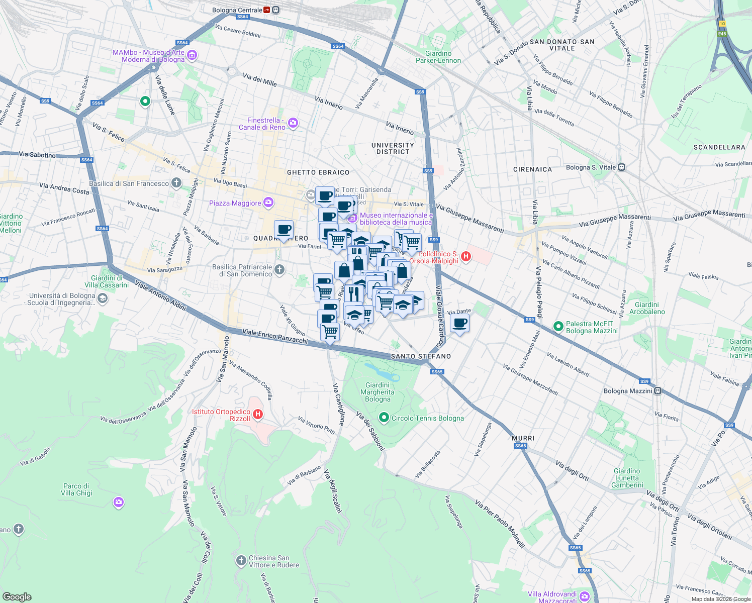 map of restaurants, bars, coffee shops, grocery stores, and more near 6-8 Via Dè Coltelli in Bologna