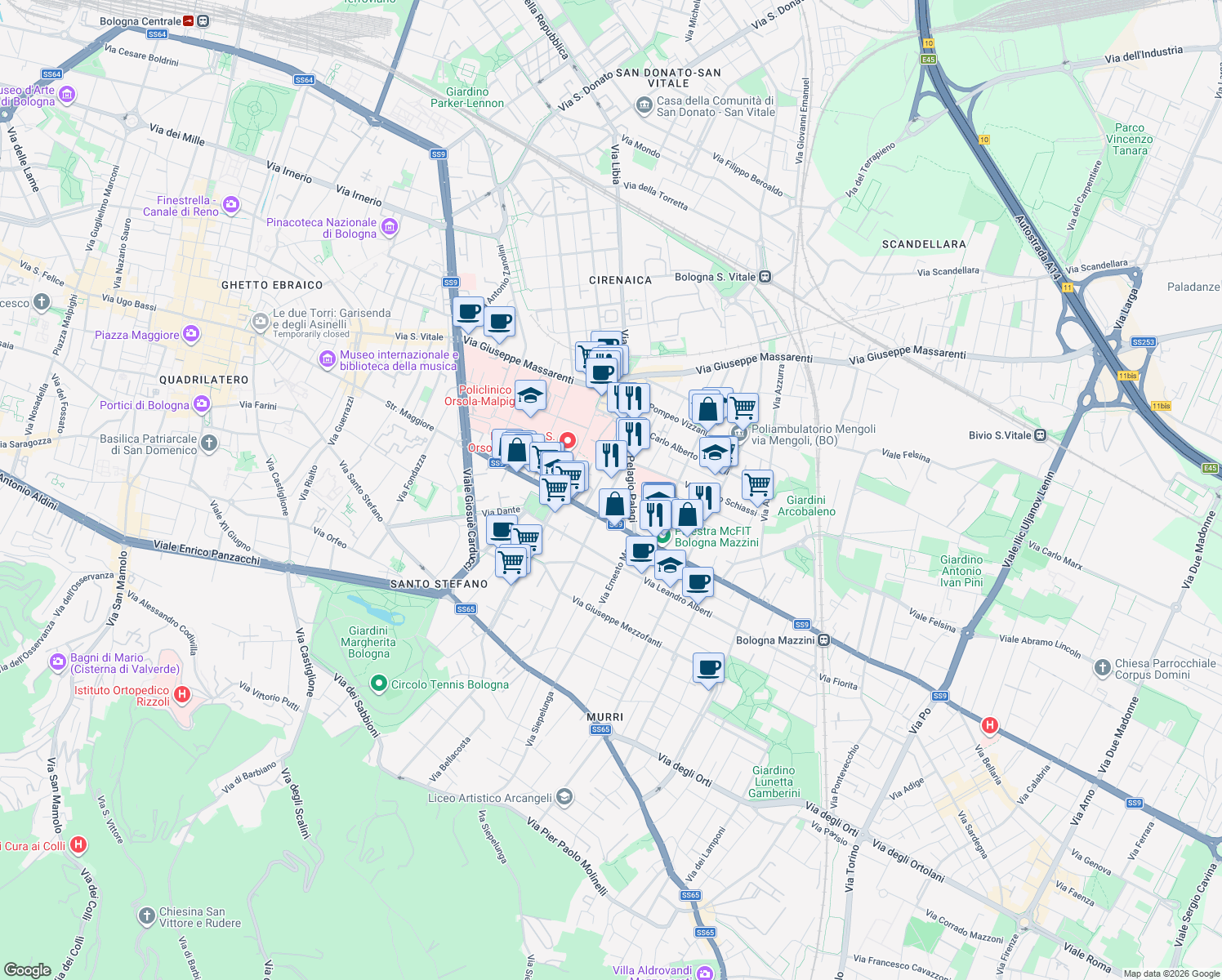 map of restaurants, bars, coffee shops, grocery stores, and more near 9-25 Via Filippo Argelati in Bologna
