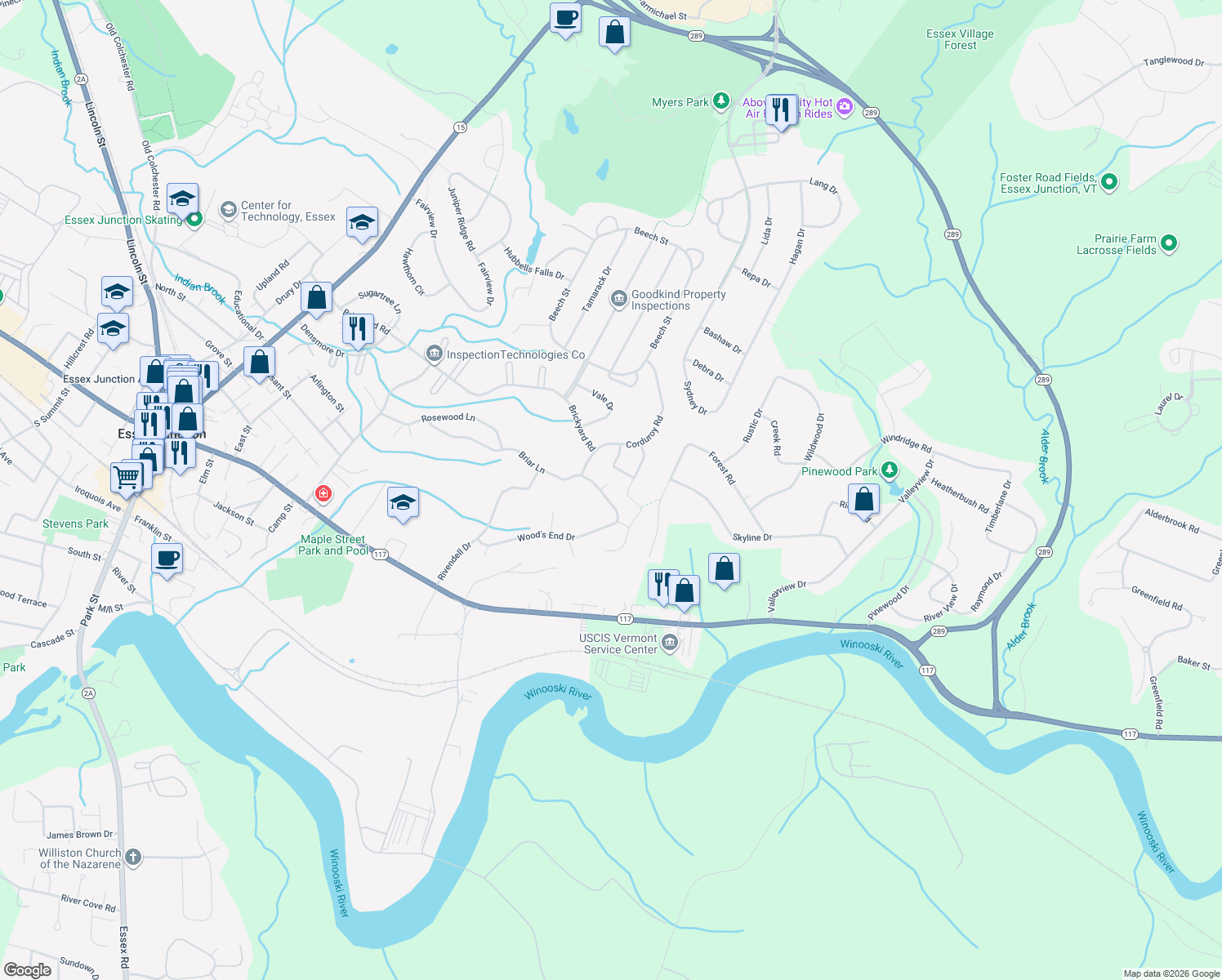 map of restaurants, bars, coffee shops, grocery stores, and more near 63 Briar Ln in Essex Junction