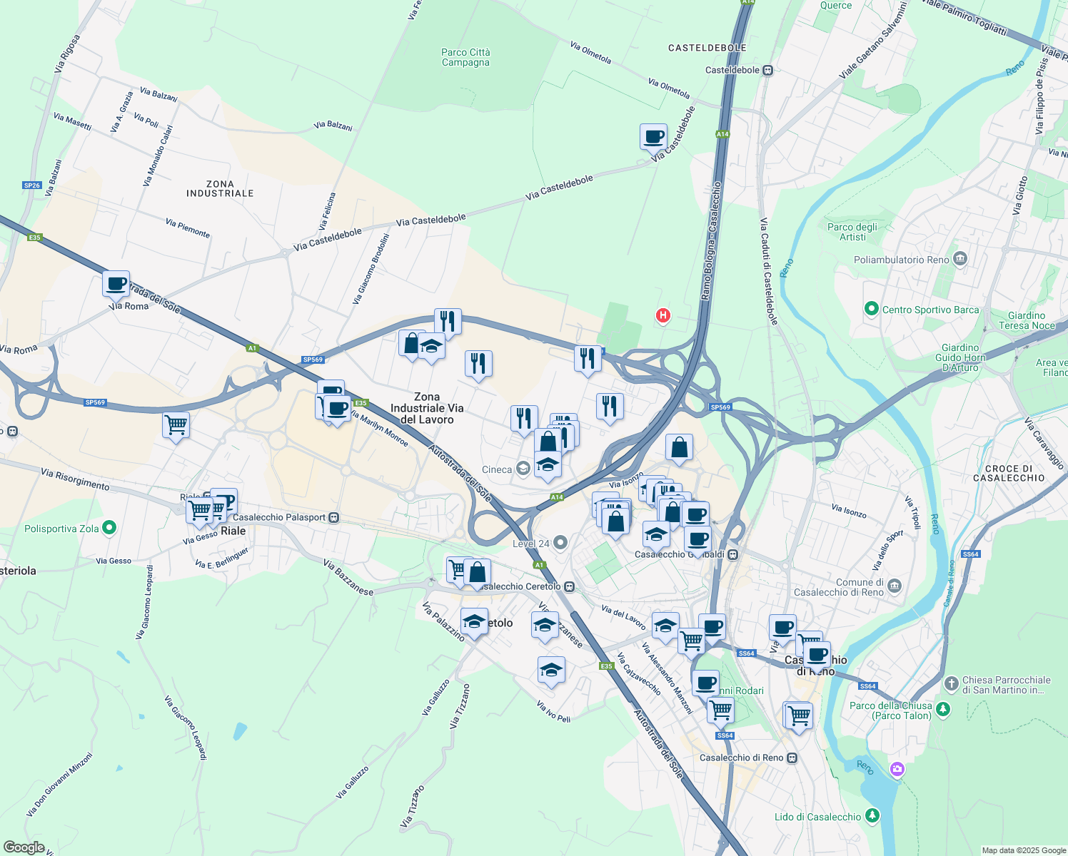 map of restaurants, bars, coffee shops, grocery stores, and more near 1 Via Giuseppe Parini in Zona Industriale Via del Lavoro